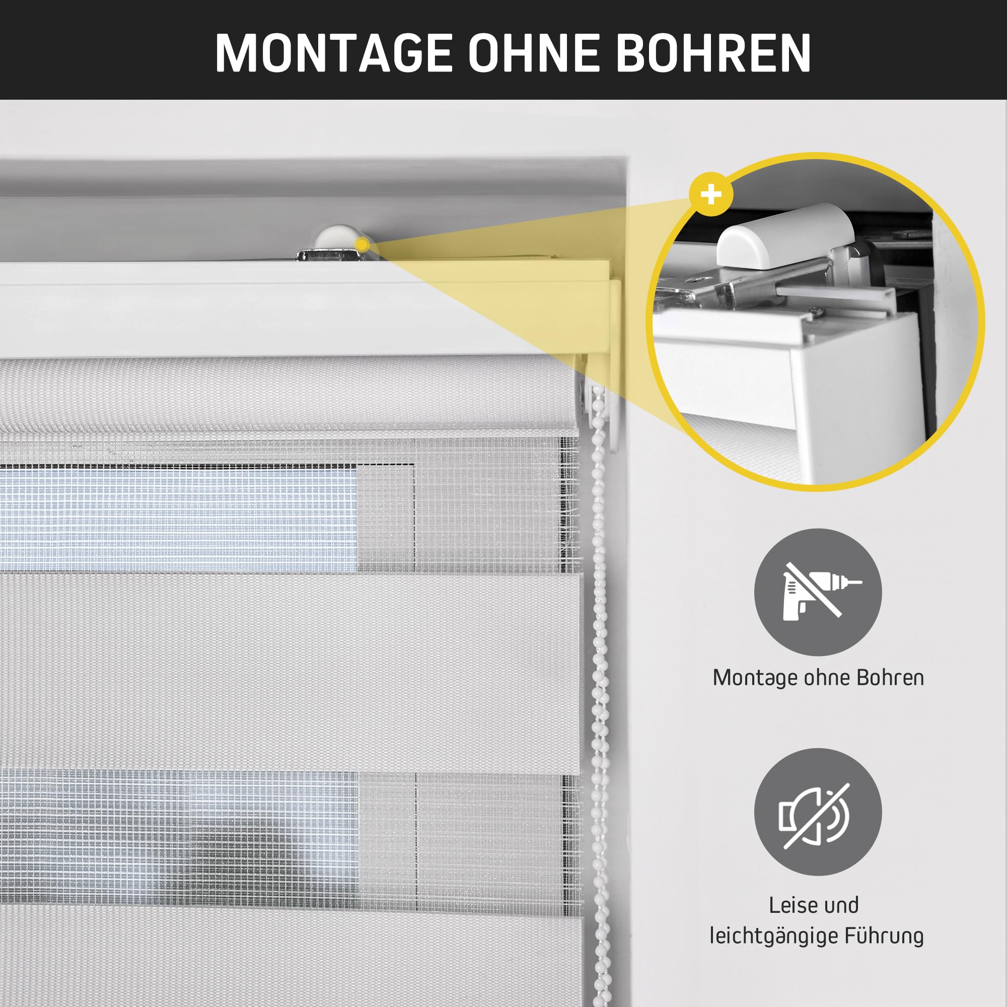 Victoria M. Premium Doppelrollo Klemmfix ohne Bohren & mit Bohren B140 x H175 cm Weiß, Duo Rollo Fensterrollo mit Kassette für Fenster & Türen, Klemmrollo Sonnenschutz Lichtdurchlässig & Verdunkelnd