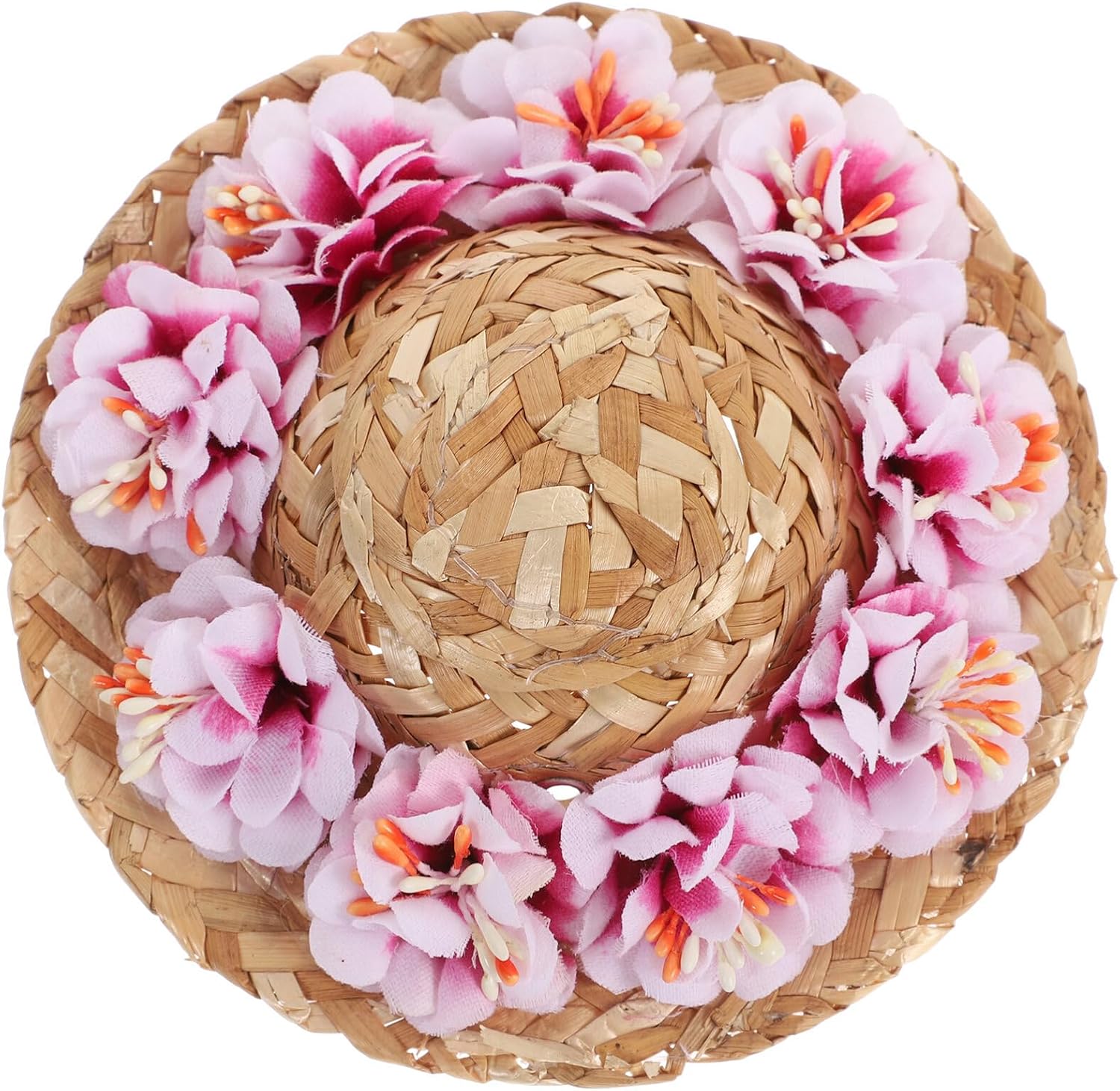 POPETPOP Dog Straw Hat with Flower Decoration Adjustable Chin Strap Lightweight Woven Sunhat for Pets Spring Summer Costume Accessory Size S 4.5 Inch