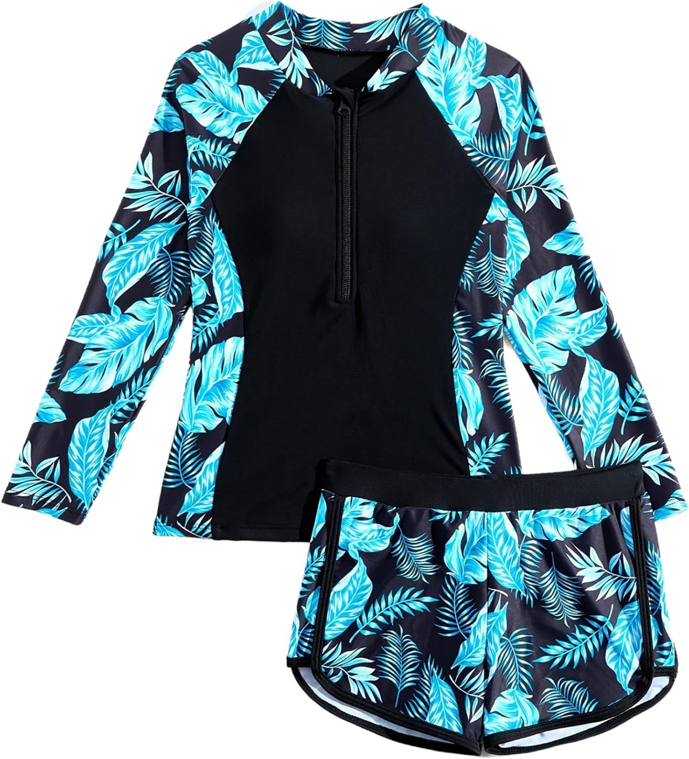 Big Girls UPF 50+ 2 Pieces Rash Guard Sets Floral Swim Shirts with Shorts Sporty Swimwear