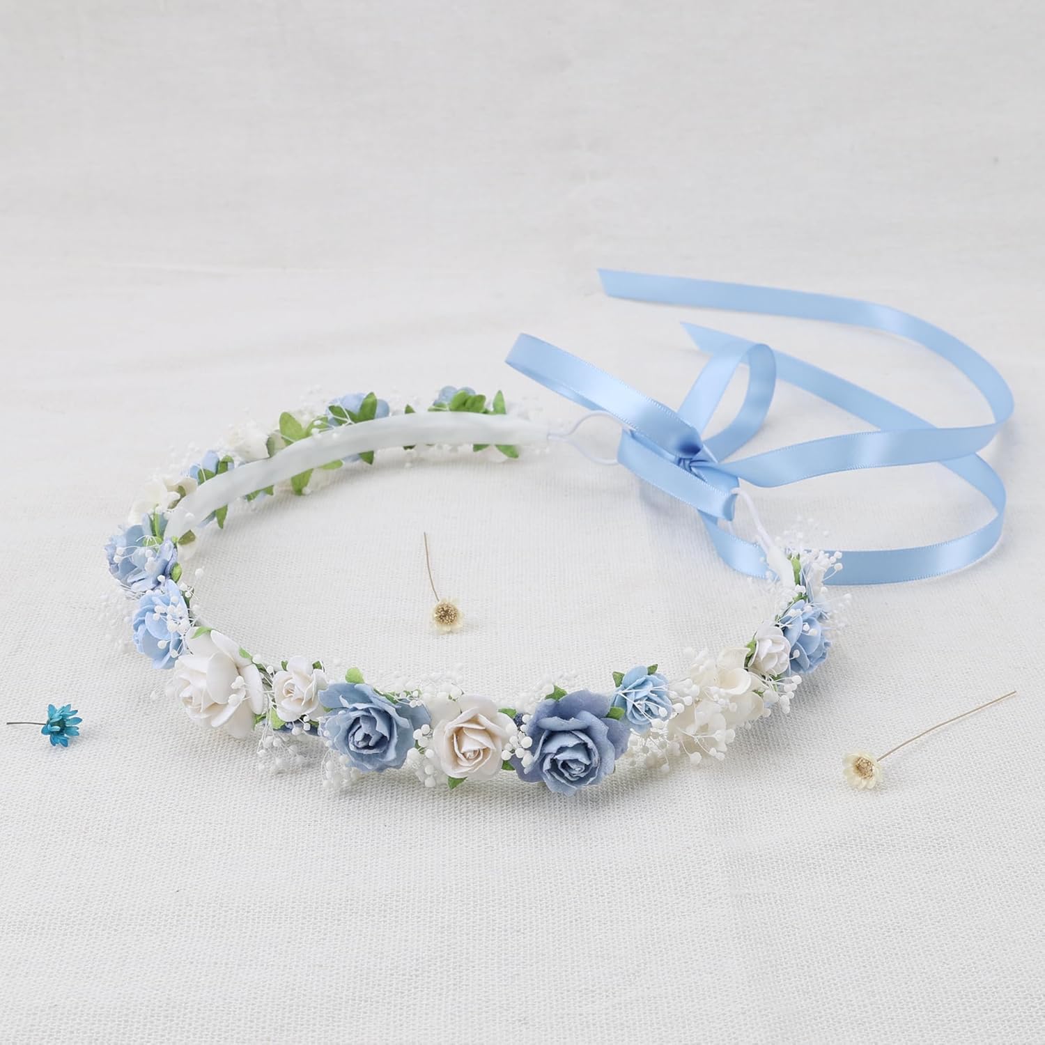 Dusty Blue Flower Girl Crown with Baby's Breath Children Baby Headpiece Young Girl Floral Hair Wreath Rustic Wedding Halo Hair Accessories Headband for Child(43cm length)