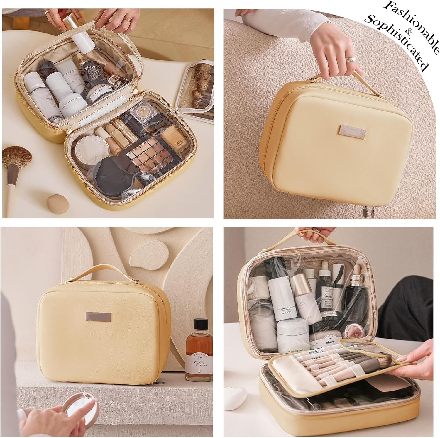 Travel Makeup Bag Large Capacity Cosmetic Bags with Compartment Open Flat Make up Organizer Waterproof Leather for Women,Yellow