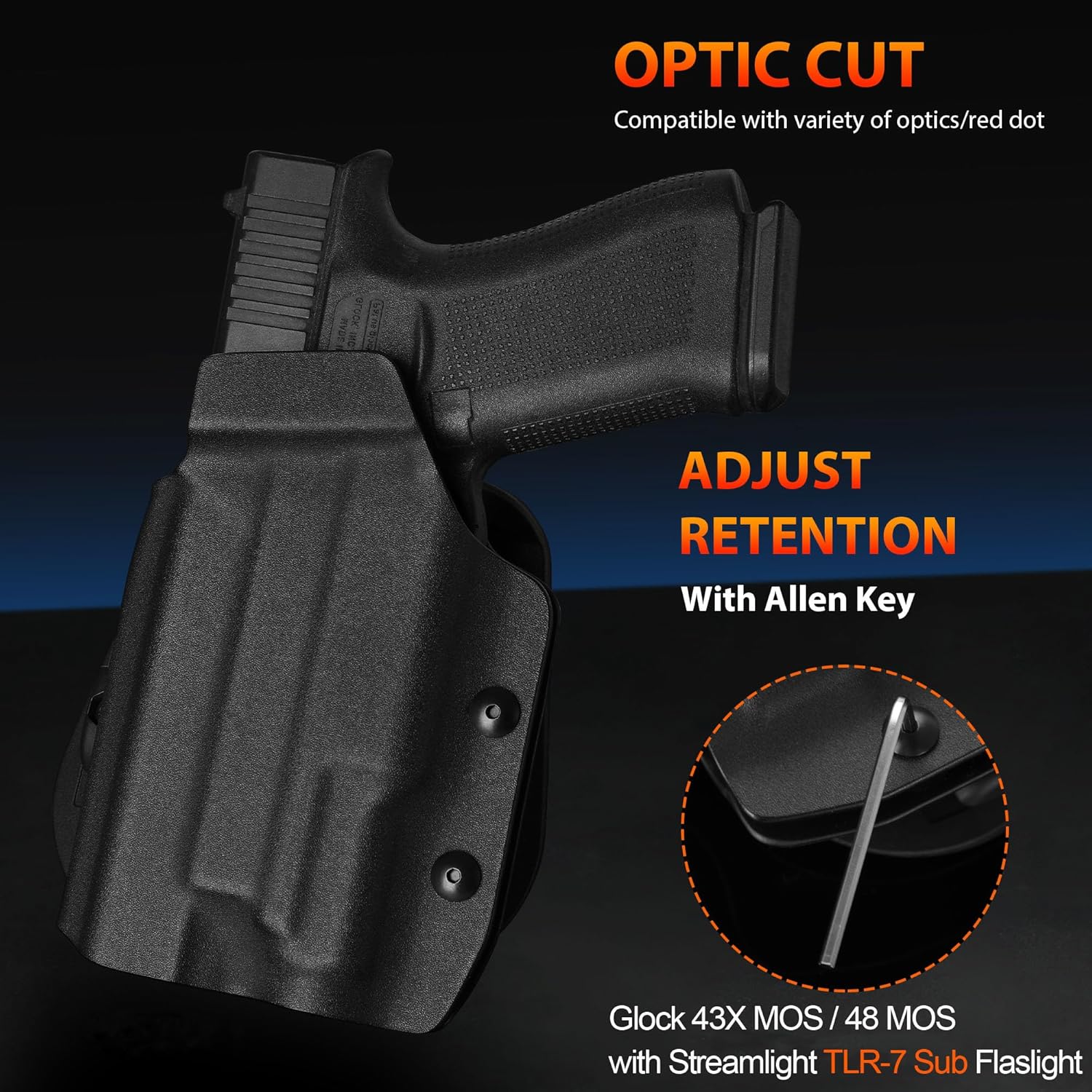 IWB/OWB Kydex Holster for Glock 43X MOS,48 MOS with Streamlight TLR-7 Sub Flaslight,Optic Ready,Adj. Cant & Retention, Right/Left Hand Option.