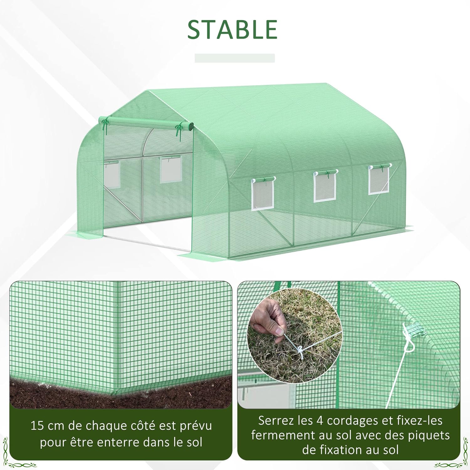 Greenhouse stability features: 15cm extension for burying and ground stakes with ropes.