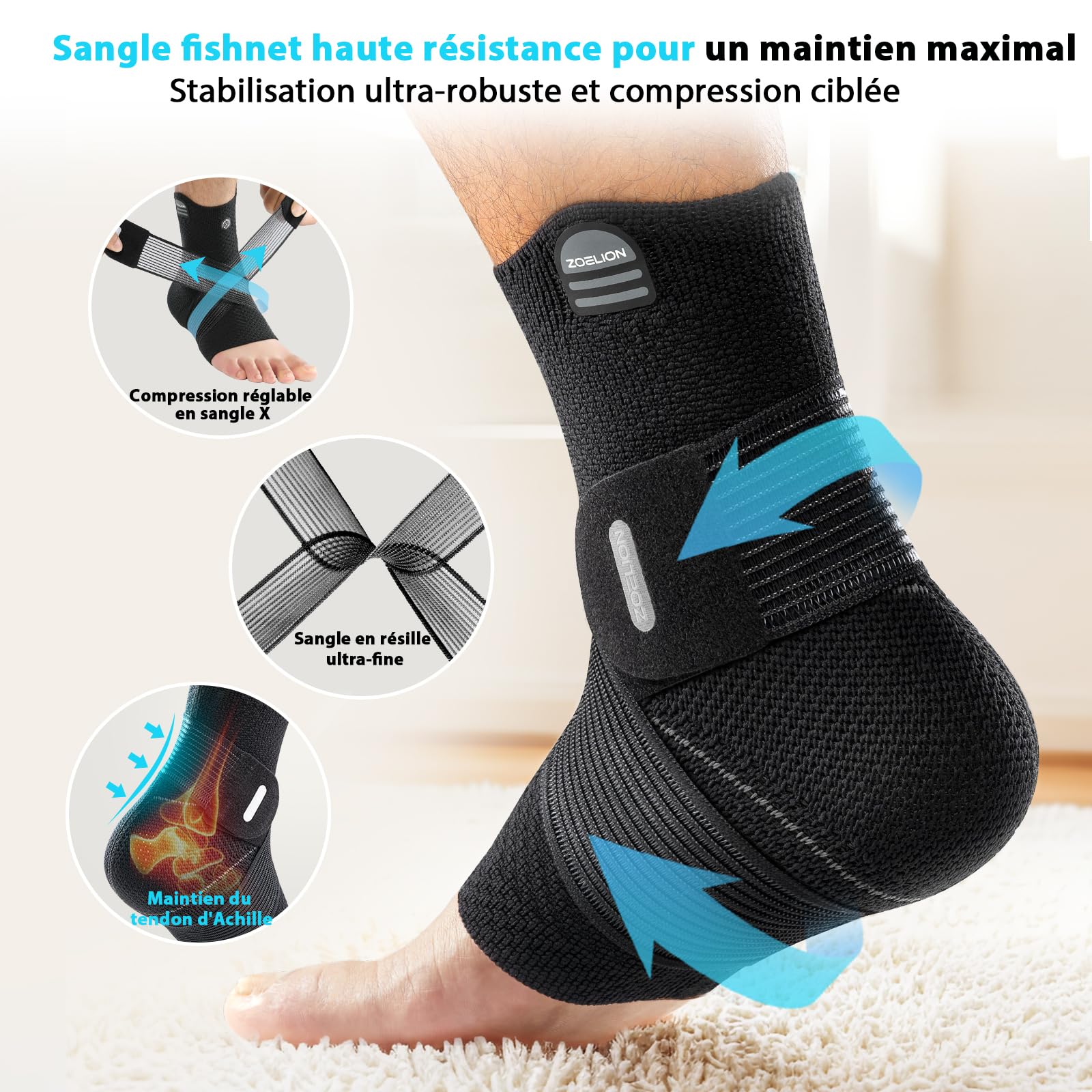 ZOELION Chevillère de Maintien Sport, Attelle Cheville à Compression Médicale avec Sangle X Réglable, pour Entorse, Fasciite Plantaire, Tendon d’Achille, Douleur, Gonflement, Homme Femme, M