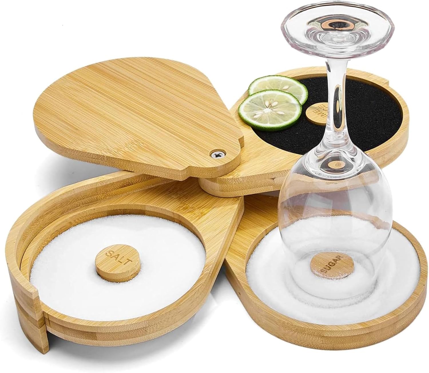 Astra Design 3-Tier Bamboo Margarita Salt Rimmer Set with Lids & Lime Sponge | Wooden Cocktail & Martini Glass Rimmer for Salt Sugar Rim | Bar Tools Organizer for Home Bartenders