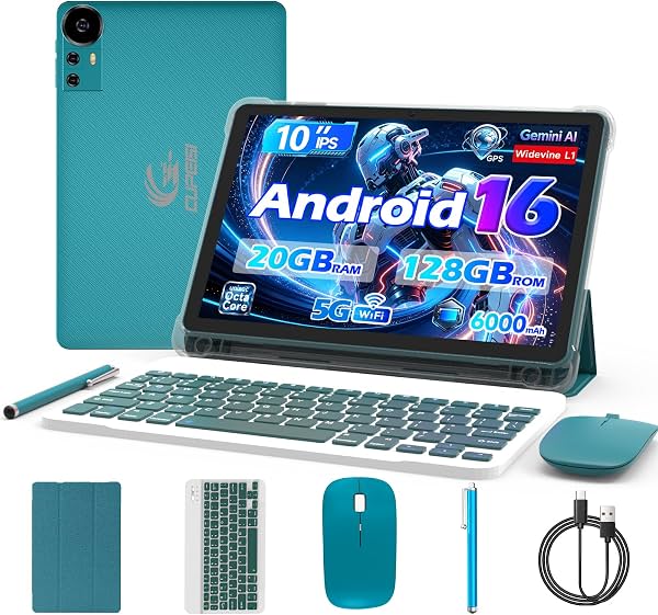 Tablet CUPEISI Android 16 10 Pulgadas, 20GB RAM+128GB ROM/2TB Expandible, Procesador Octa-core 2.0GHz, Pantalla HD 1280*800, 5G WiFi6 BT 5.0, 2 en 1 Tablets con Teclado Funda Mouse Lápiz, Widevine L1 Azul