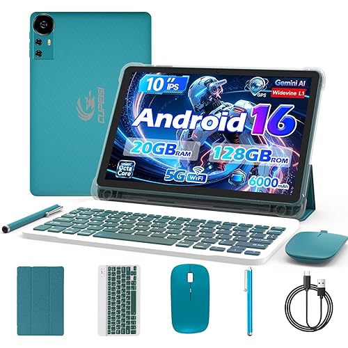 CUPEISI Android 16 Tablet 10 Inch, 20GB RAM+128GB ROM/ 2TB Expandable, 2.0GHz Octa-core Processor, 1280*800 HD Screen, 5G WiFi6 BT 5.0, 2 in 1 Tablets with Keyboard Case Mouse Stylus, Widevine L1 Blue