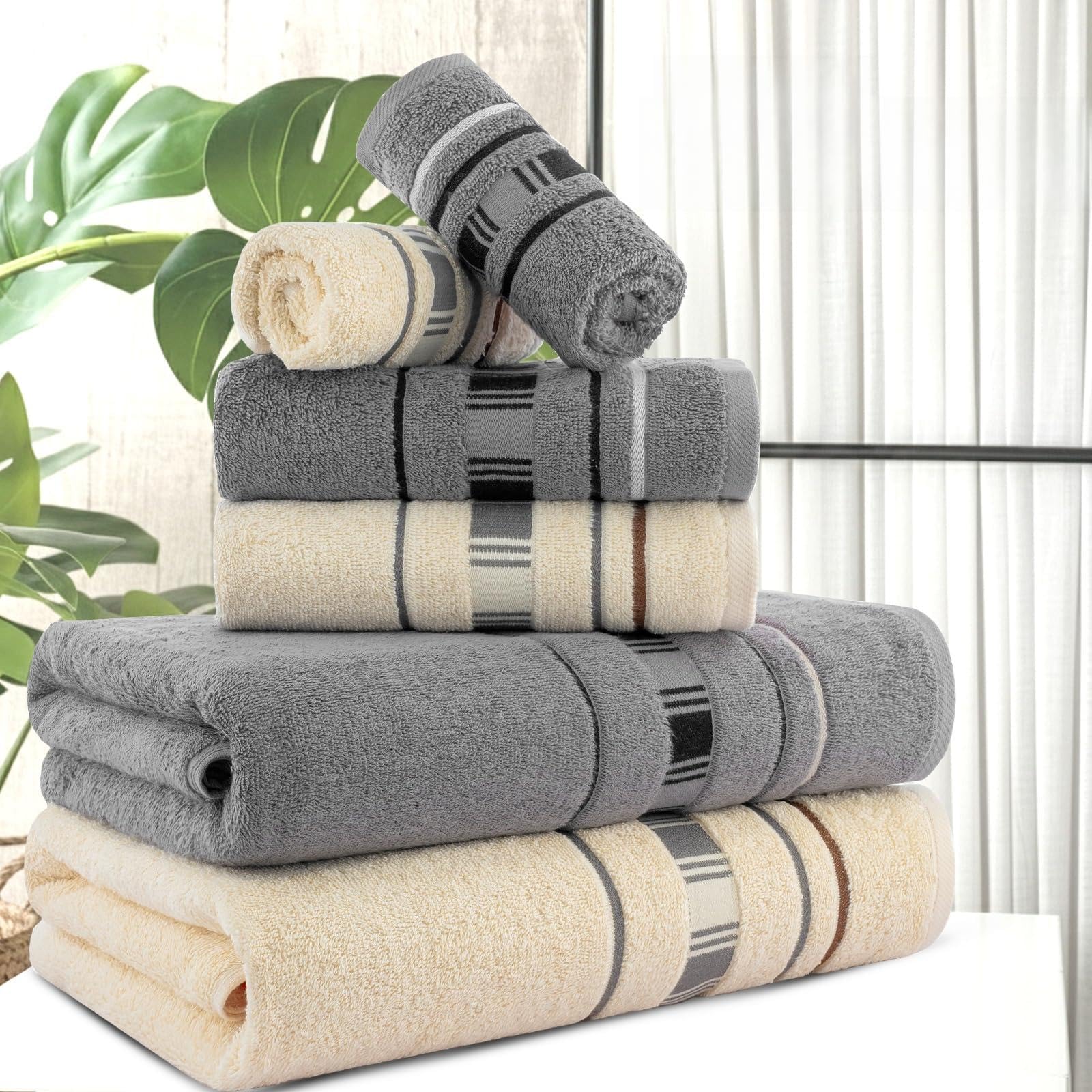 CASA COPENHAGEN X Lines towel set made from 600 g/m² Egyptian cotton for hotel, spa, kitchen and bathroom, 6-piece set with 2 bath towels, 2 hand towels, and 2 washcloths – Grey Cream