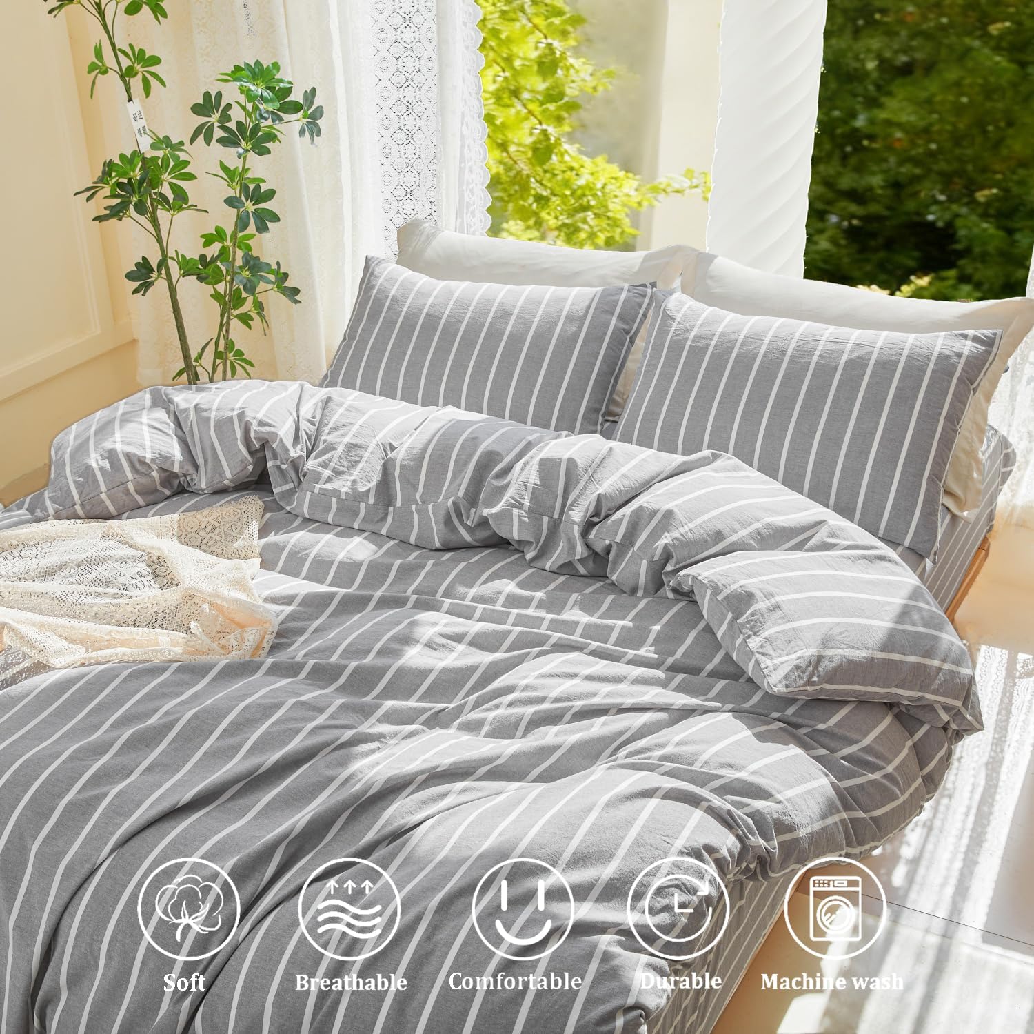 DONEUS Grey Striped Duvet Cover Set 100% Washed Cotton Linen Like Super Soft Breathable Comfy 3 Pieces Bedding Set with Zipper Closure (Light Grey White Wide Stripes, Queen 90"x90")