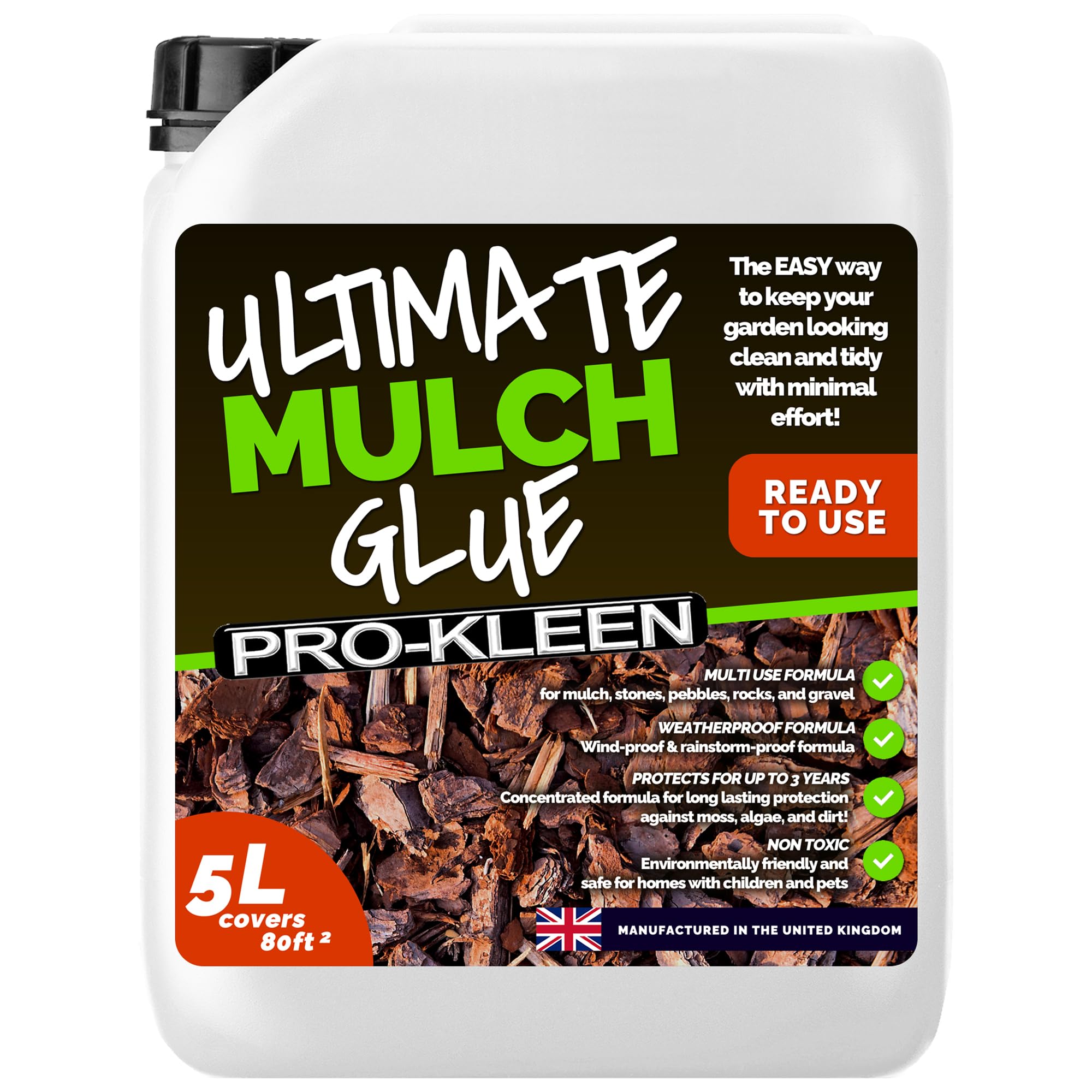 Pro-Kleen Ultimate Mulch Glue 5L (Covers 80 ft2) - Mulch Glue Binder Fixing Spray - For Gravel, Stones, Slate & Mulch - Protects for up to 3 Years - Non Toxic, Weather Resistant & Porous Formula
