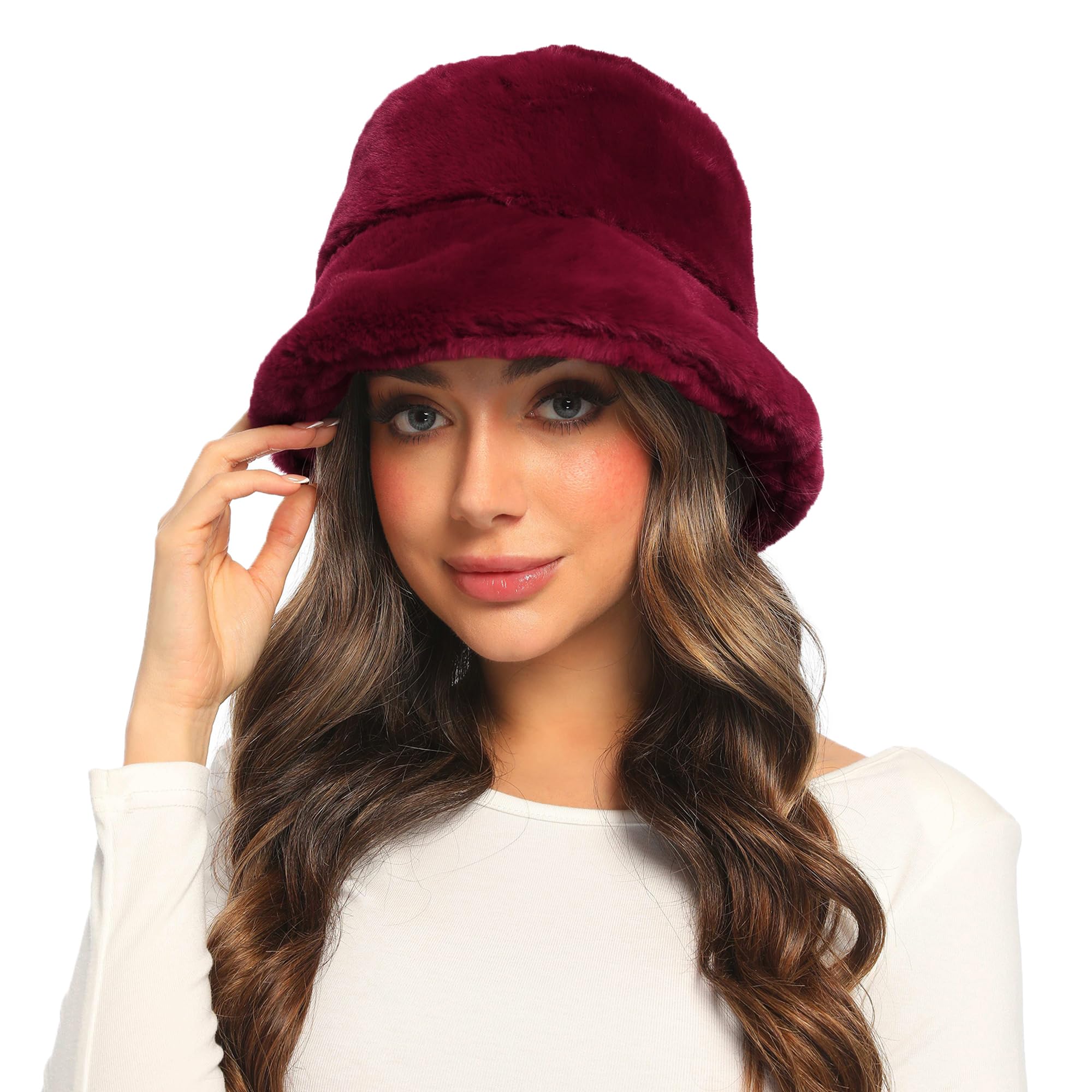 Umeepar Winter Faux Fur Fuzzy Bucket Hat Fluffy Warm Hat for Women Men