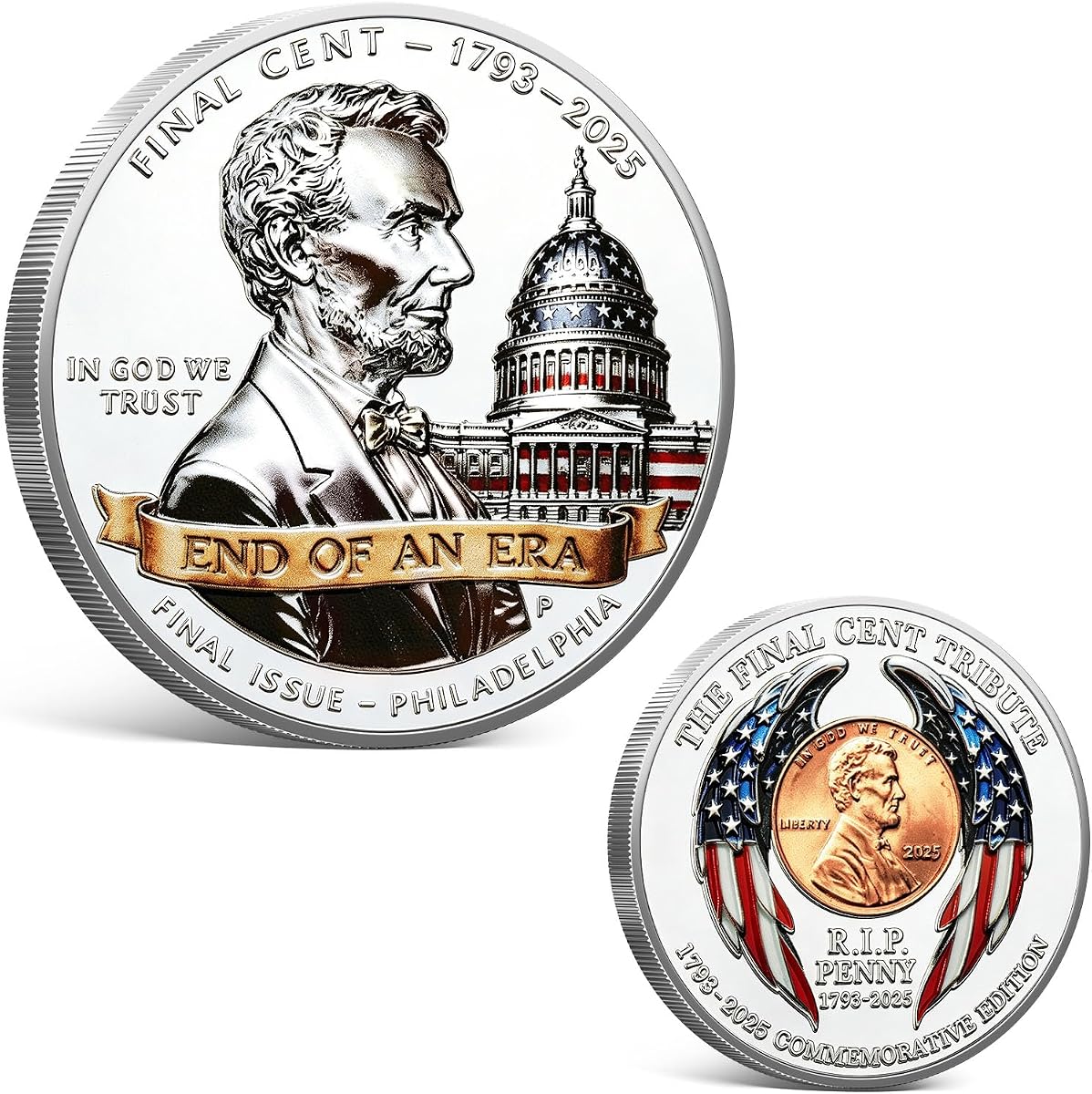 Moneda de tributo del centavo final de 2025, token conmemorativo del centavo del fin de una era, moneda conmemorativa del centavo del R.I.P 1793-2025, regalo coleccionable de doble cara de la historia patriótica estadounidense