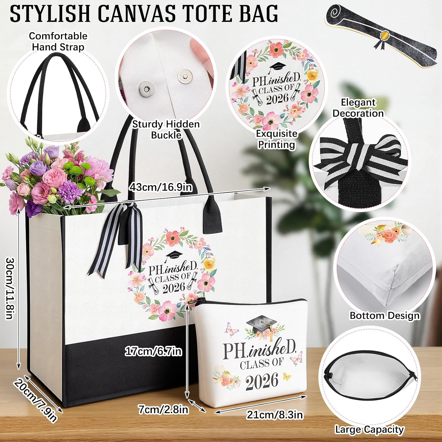 Aliceset 8 Pcs Phd Graduation Gifts for Women It's Dr Actually Gifts for Phd Doctorate Degree Class of 2026 Canvas Tote Bag Tumbler Keychain Makeup Bag Bracelet Greeting Card Scented Candle Socks