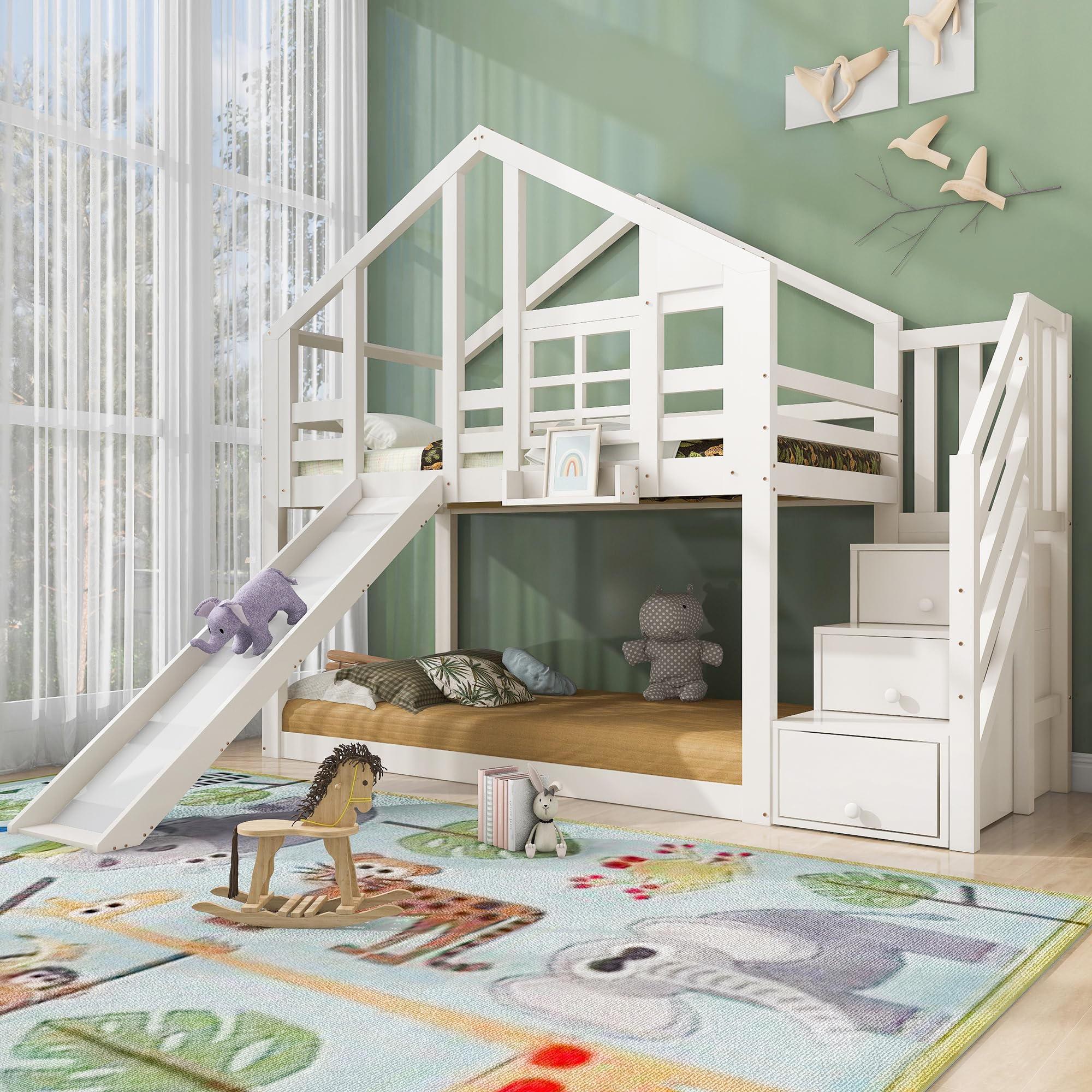 YESGIGA Łóżko dziecięce domek z zjeżdżalnią i drabinką 90 x 200 cm, łóżko piętrowe dla dzieci, łóżko dziecięce z barierką ochronną (z zjeżdżalnią i szufladą)