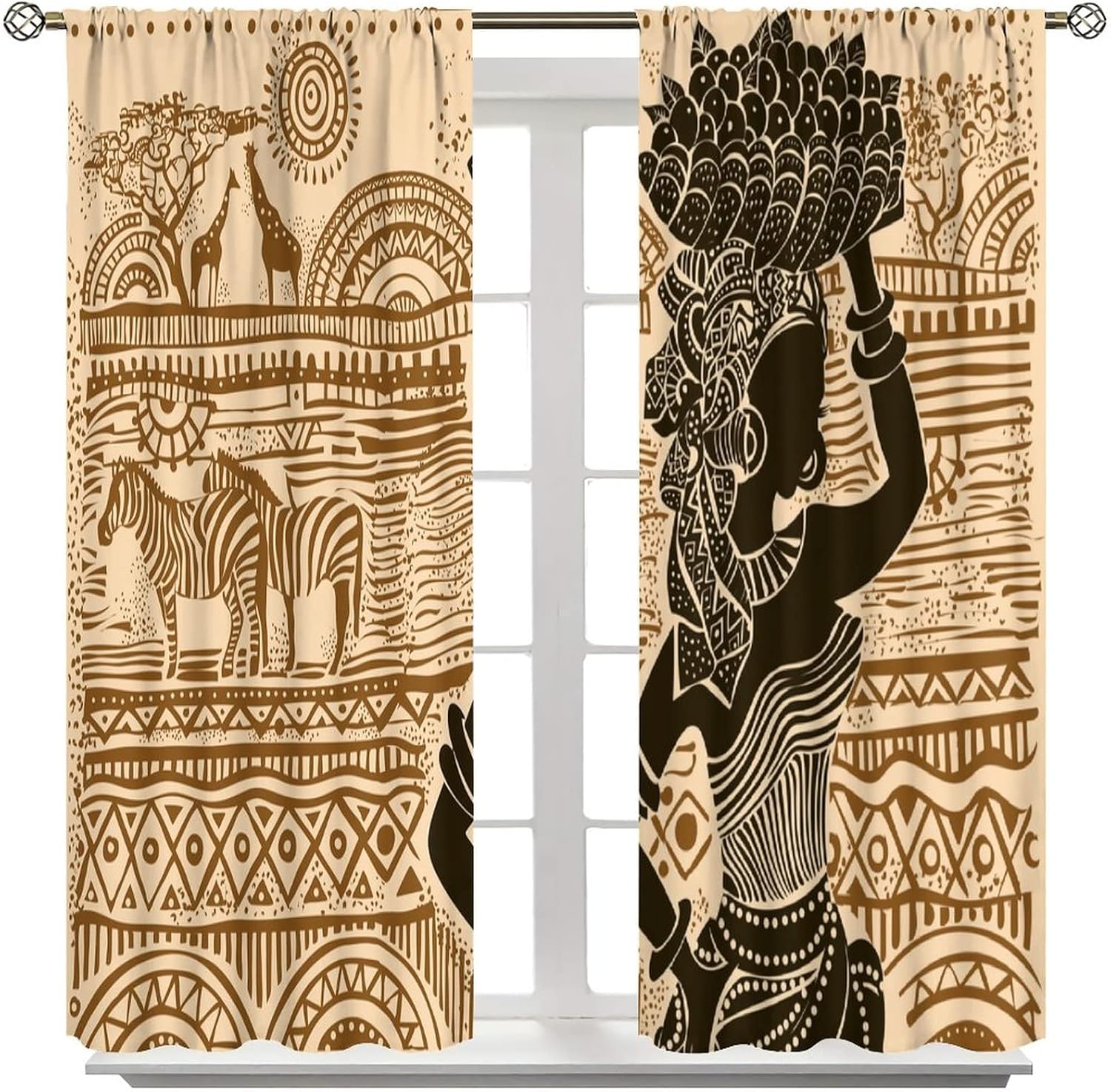African Curtains Silhouette Beautiful Black Woman African Animals Zebra Giraffe Brown Rod Pocket Blackout Window Drape for Living Room Bedroom Bathroom 55x63in