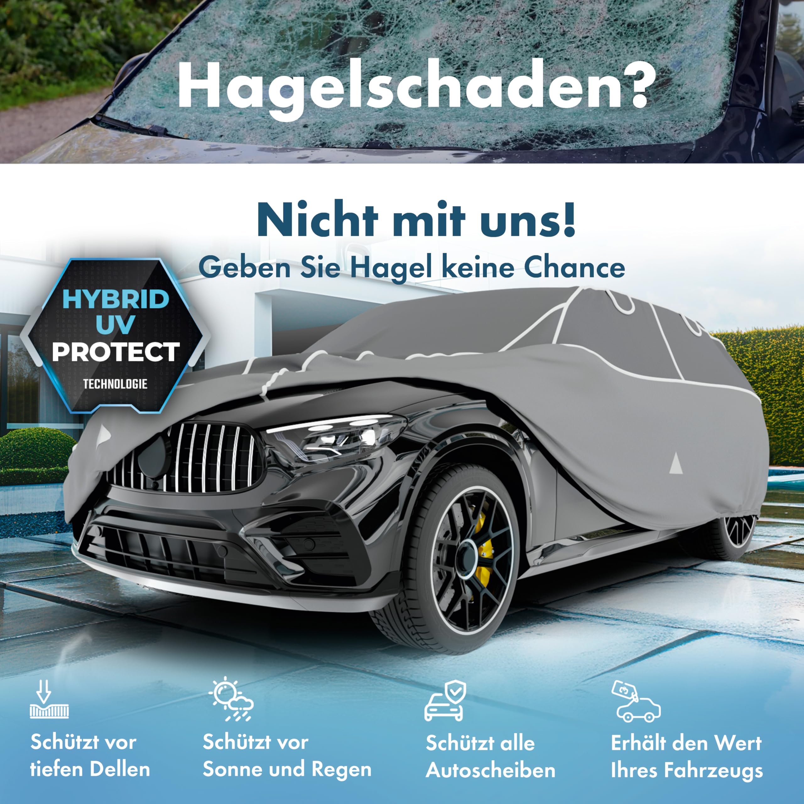 WALSER Premium Hagelschutz Abdeckplane Auto, Auszeichnung Sehr Gut* Hagelschutzplane, TÜV geprüfte* Autogarage Hagel, Hybrid UV Protect Vollgarage, Wasserabweisende Abdeckung Größe 8 SUV/Van