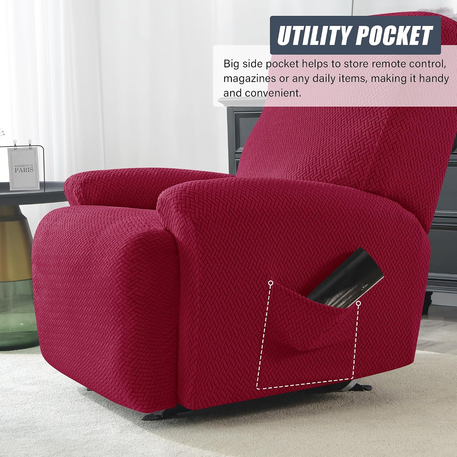 CONRUSER Stretch Recliner Cover, 4-Piece Soft Sofa Cover Thick Jacquard Single Seat Couch Cover Recliner Slipcover with Pocket (Burgundy)