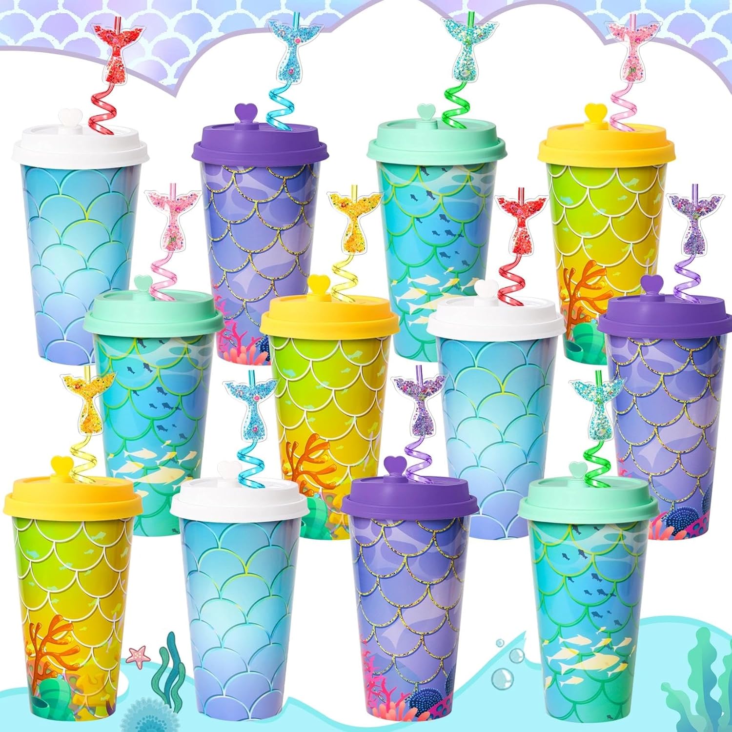 24 Pack Mermaid Party Favors Cups with Lids and Mermaid Tail Straws, 16OZ Plastic Cups for Under the Sea Birthday Decorations Supplies Party Goodie Bags Stuffers for Kids Girls