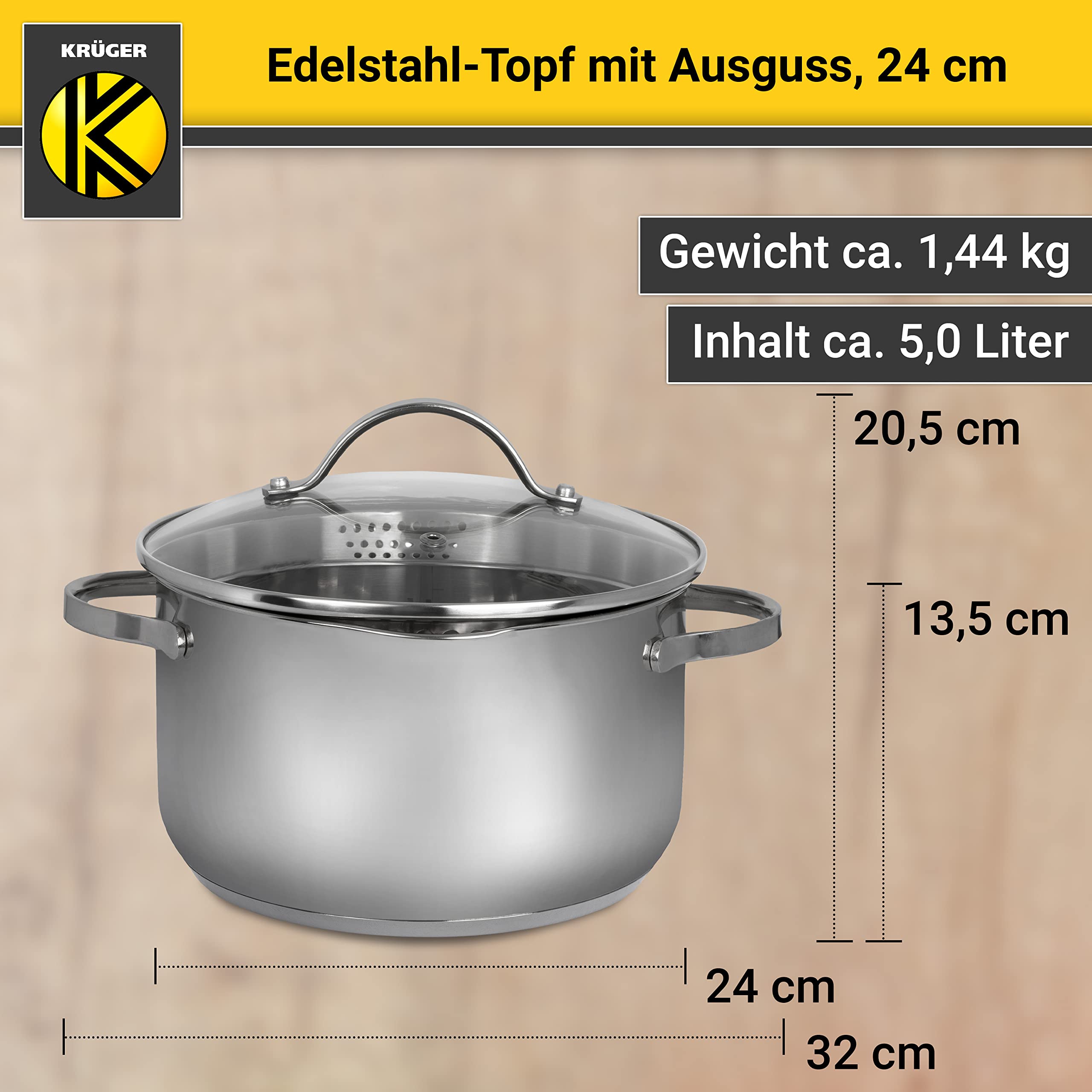 Krüger Edelstahl Kochtopf Ø 24 cm (5,0 L) | Mit Ausguss & Literskala