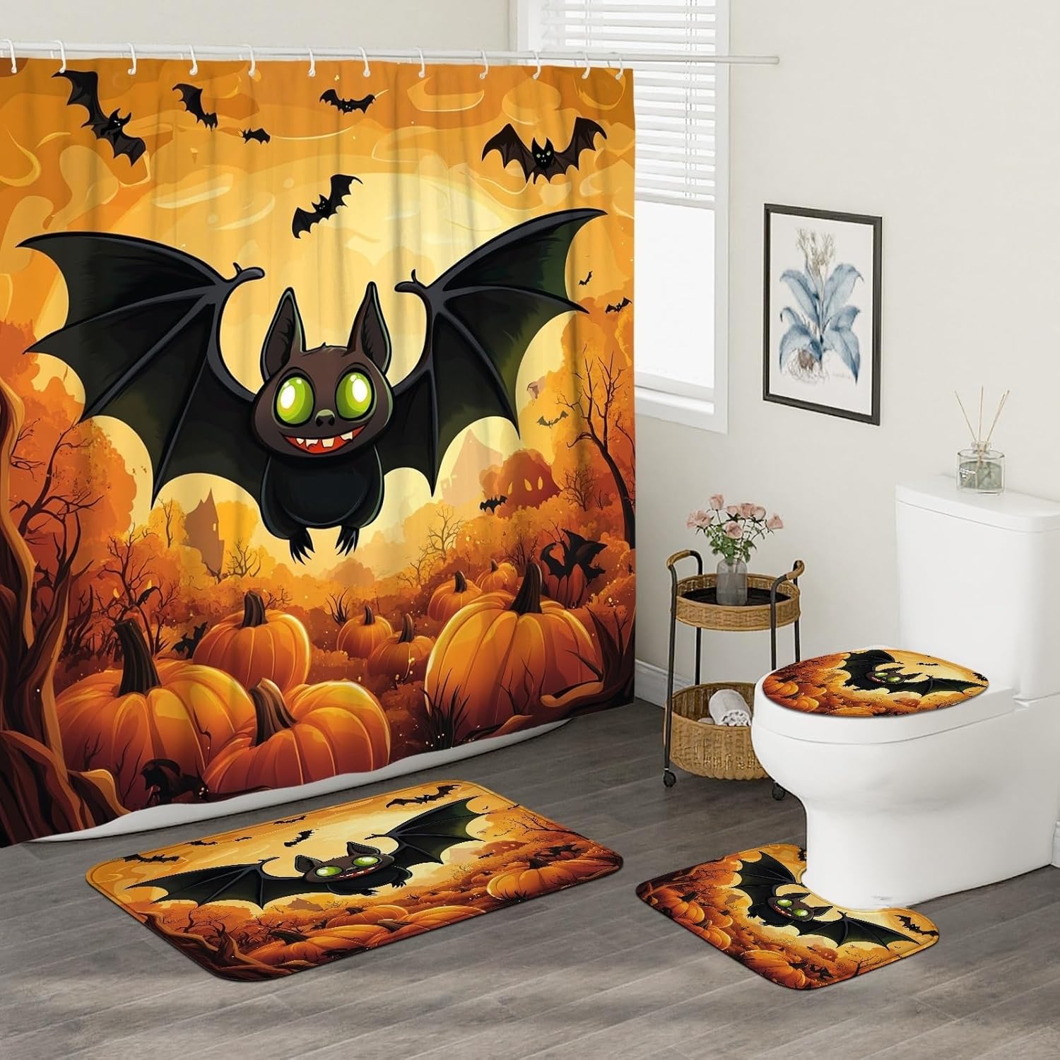 4PCS Halloween Horror Bat Bathroom Accessory Sets with Non-Slip Rug, U Shape and Toilet Lid Cover Mat, Cartoon Fun Scary Pumpkin Bath Print Decor-72''x72''