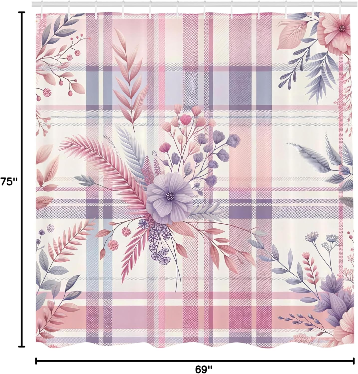 Ambesonne Pastel Plaid Shower Curtain, Vintage Floral Motif in Romantic Soft Colors Nostalgic Tartan Stripes, Cloth Fabric Bathroom Decor Set with Hooks, 69" W x 75" L, Lilac and Pale Pink