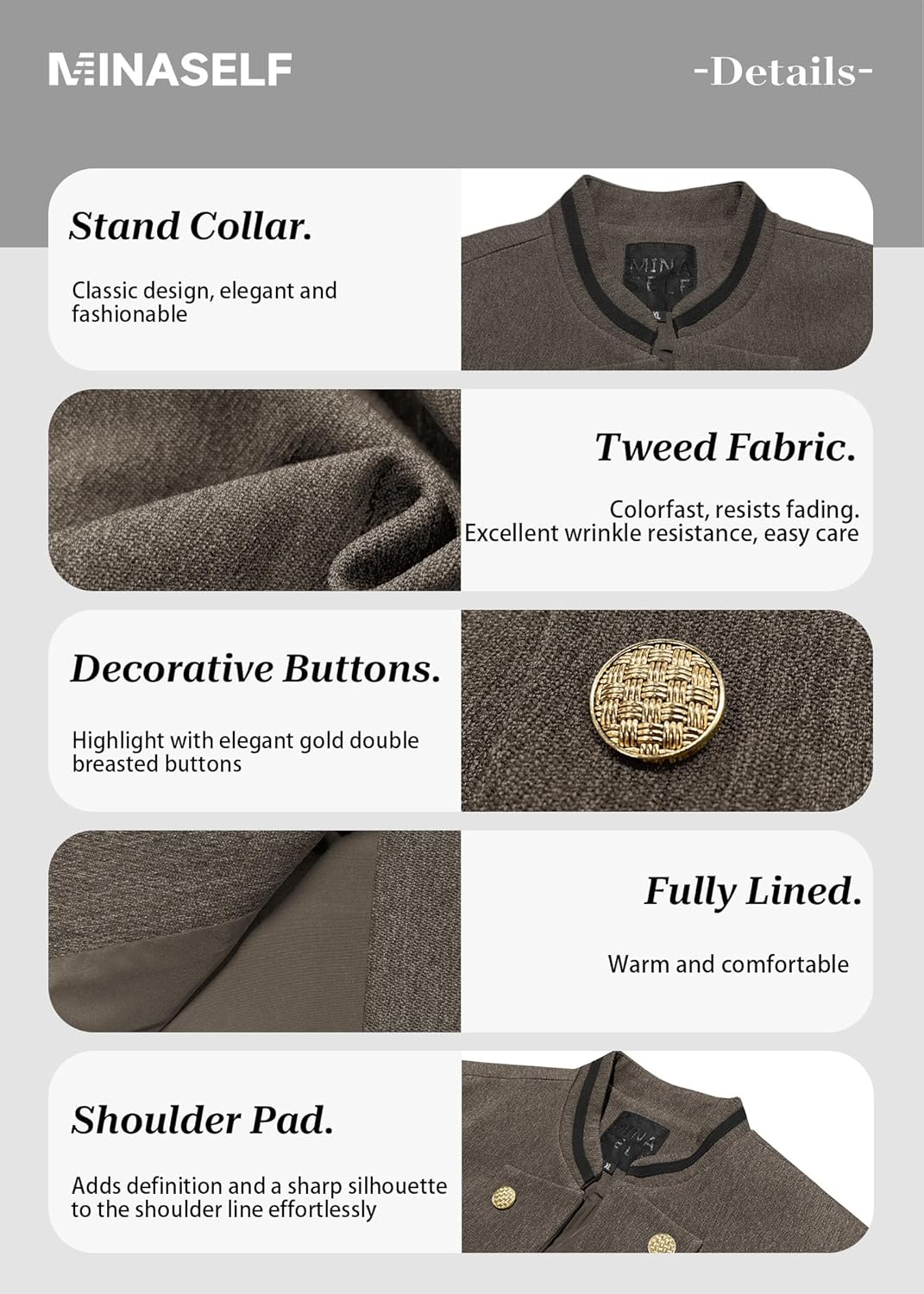 Mina Self 2026 Spring Women's Tweed Blazer Jacket - Open Front Slim Petite Double-Breasted Stand Collar Work Trendy Coat - Image 7