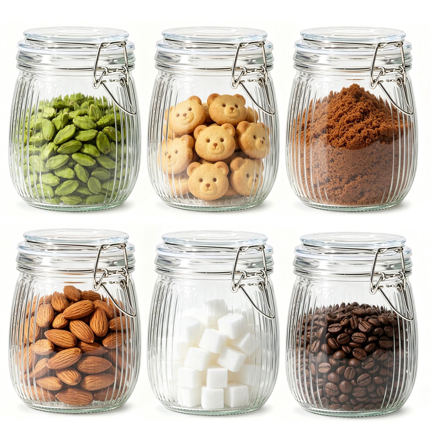 ComSaf Airtight Glass jar with lid 26oz Set of 6, Glass Storage Containers with Lids, Glass Canister, Striped Clip Fastening Jar for Kitchen Canning, Cereal, Coffee, Pasta, Snack, Nut, Candy — image 1