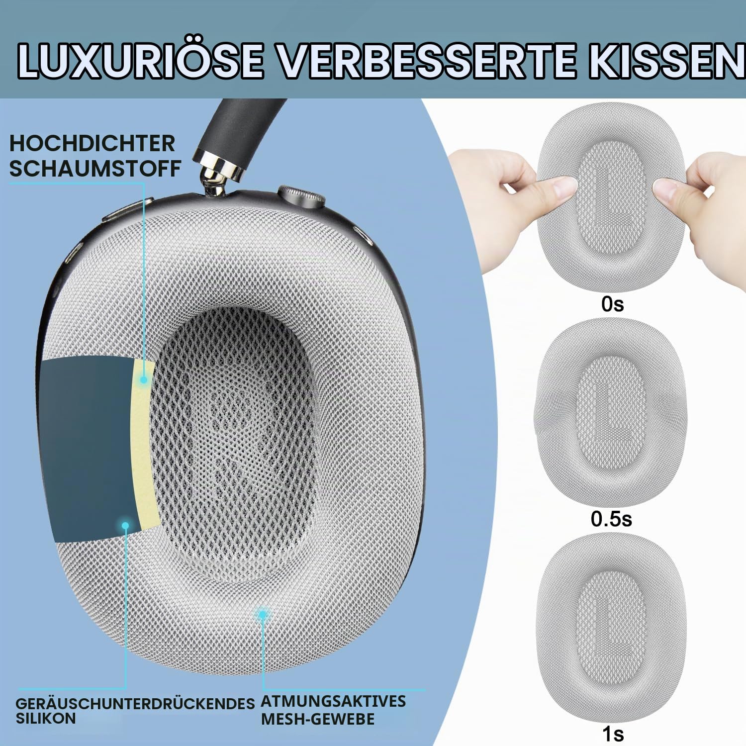 SOPROM Ohrpolster Ersatz für Airpods Max Over-Ear Kopfhörer, Ohrpolster mit strapazierfähigem Netzstoff, weicher Schaumstoff Und Magnetisch - Silber