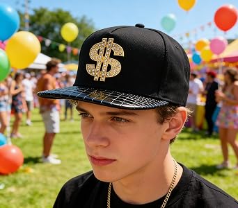 Snapback Cap Men's Hip-hop Flat top Brimmed hat, Flat Brim hat Dollar Sign hat, Faux Leather Brim Hip-hop Beanies Hats
