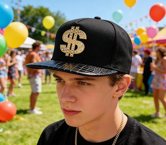 Snapback Cap Men's Hip-hop Flat top Brimmed hat, Flat Brim hat Dollar Sign hat, Faux Leather Brim Hip-hop Beanies Hats