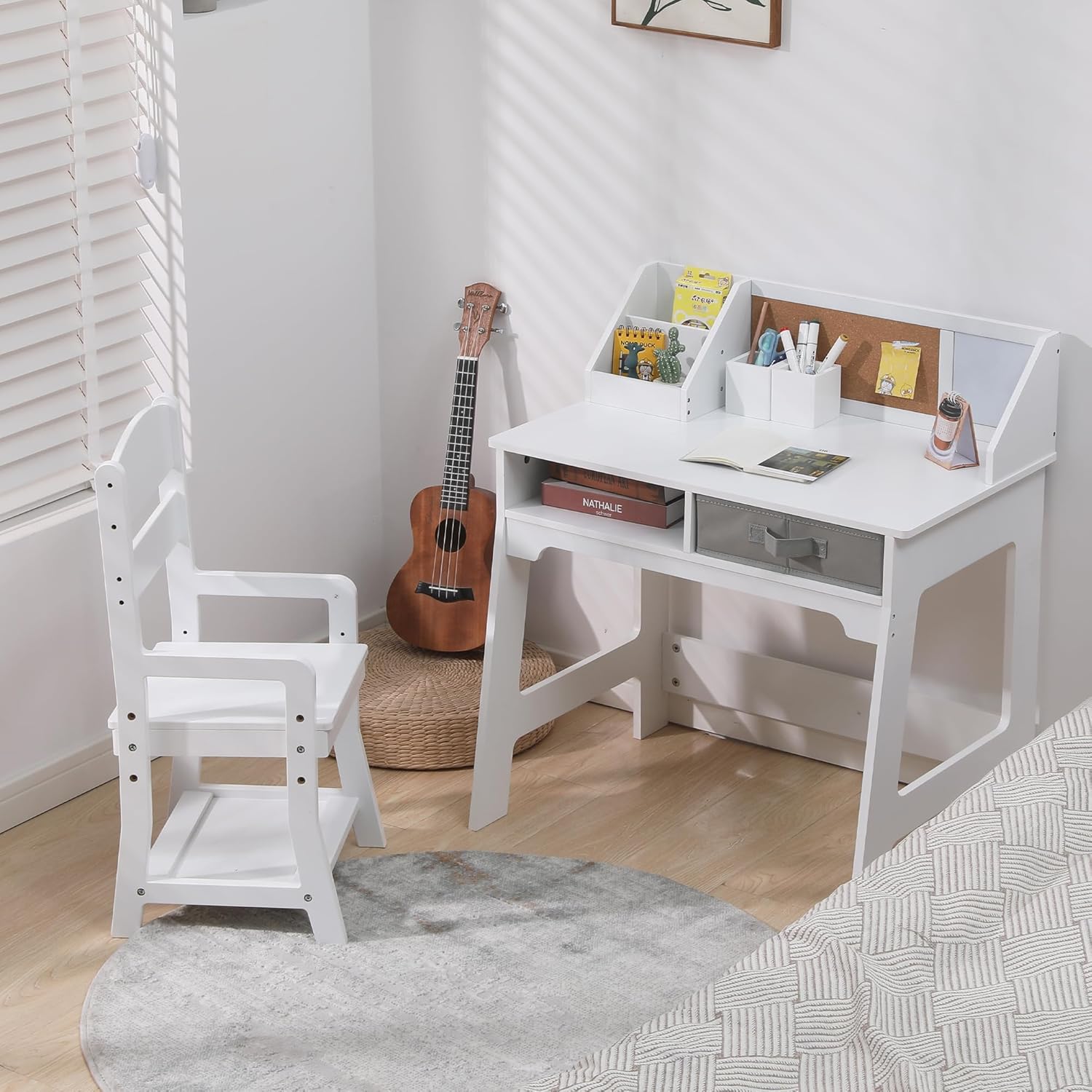 Kids Desk and Chair Set, Small Kids Study Desk Set with Drawers and 2 Pen Holders, White Wooden Student Writing Table with Height-Adjustable Chair for 3-8 Years Old Children Girls Boys