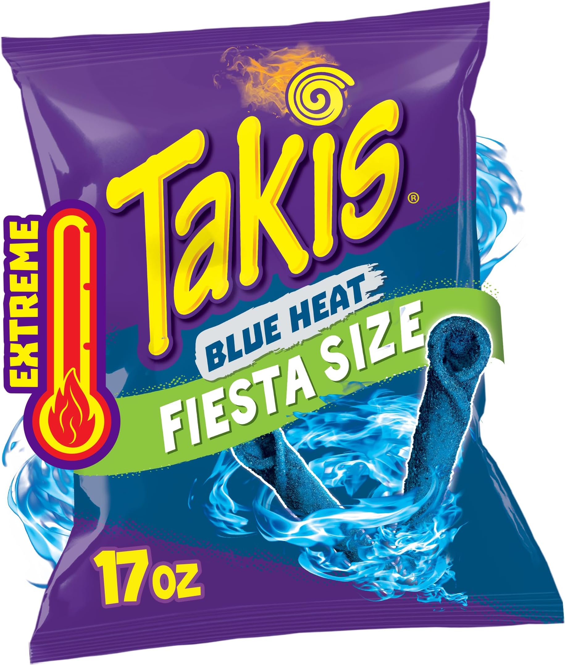 Takis Blue Heat 17 oz Fiesta Size Bag, Hot Chili Pepper Flavored Extreme Spicy Rolled Tortilla Chips