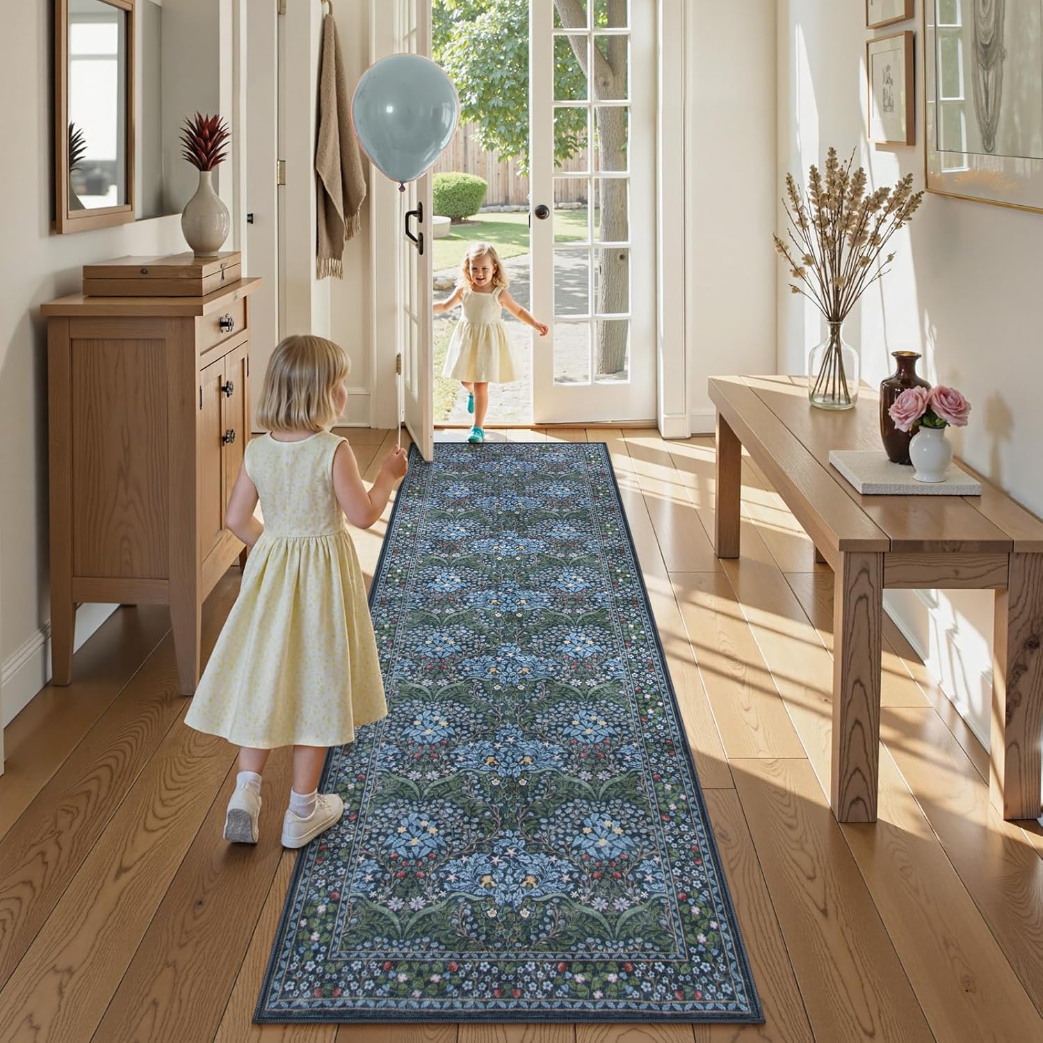 Lahome Floral Washable Kitchen Runner Rug, 2x6 Runners for Hallways Non Slip Ultra-Thin, Boho Soft Hallway Rug Forest Blue Carpet for Bedroom Bathroom Laundry Room Giverny, Blue