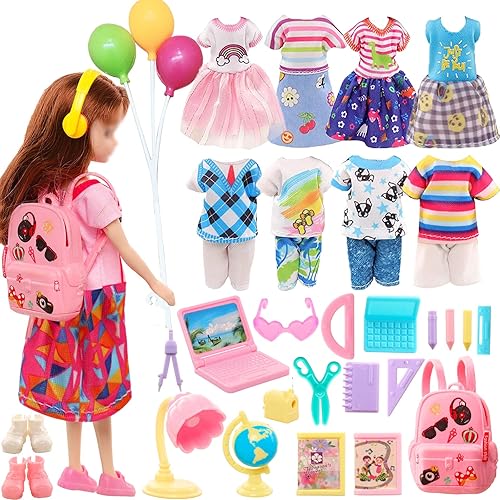 Juego de 28 piezas de ropa y escuela Chelsea de 6 pulgadas con globos 3 vestidos para niñas 3 trajes para niños 2 pares de zapatos y 19 piezas de