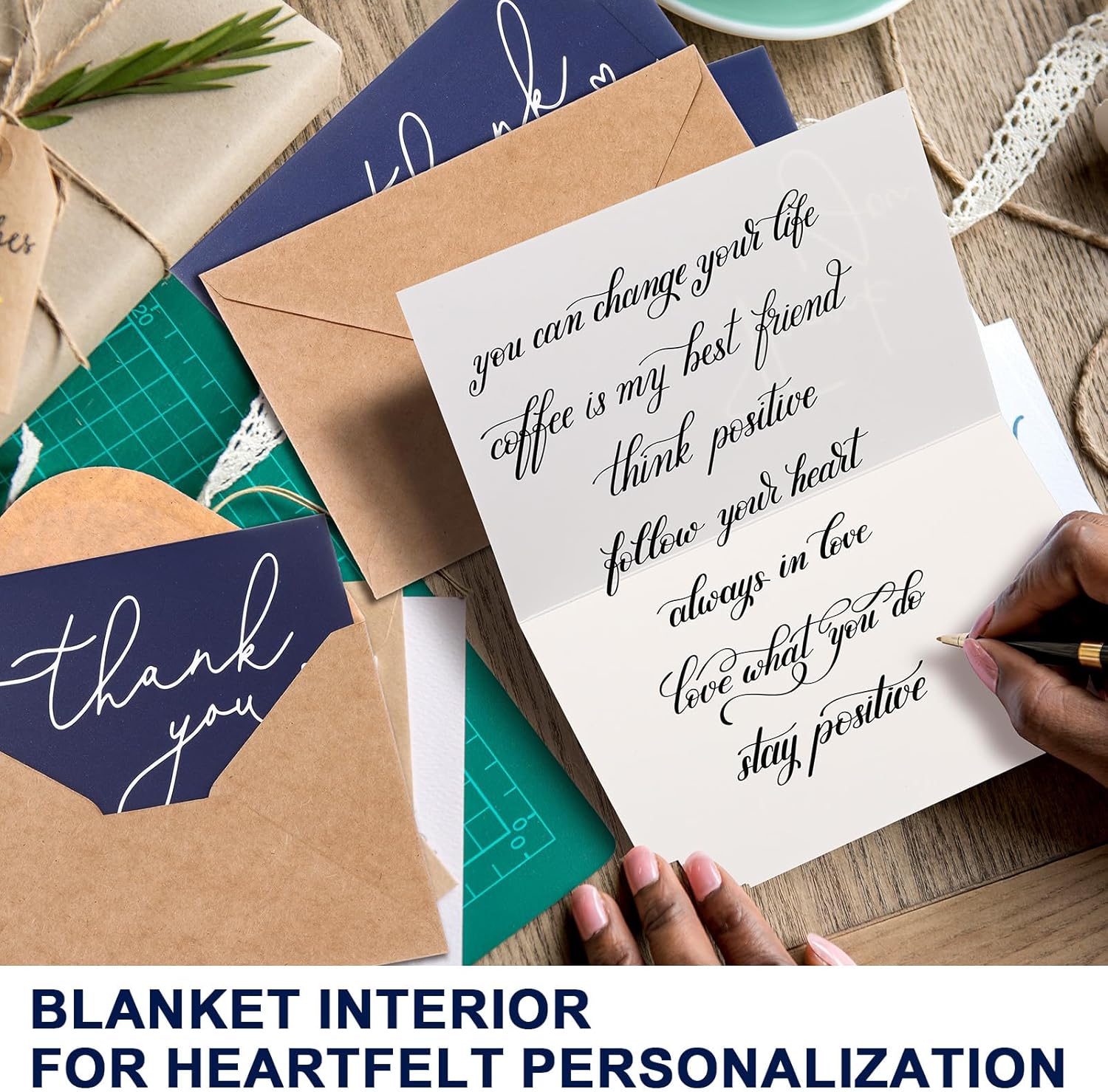 Teling 200 Set Thank You Cards with Envelopes Bulk, 6 x 4 Inch Blank Thank U Greeting Notes with Brown Kraft Envelopes Stickers Thankyou Card Set for Graduation Wedding Birthday Baby Shower(Navy Blue) - Image 5