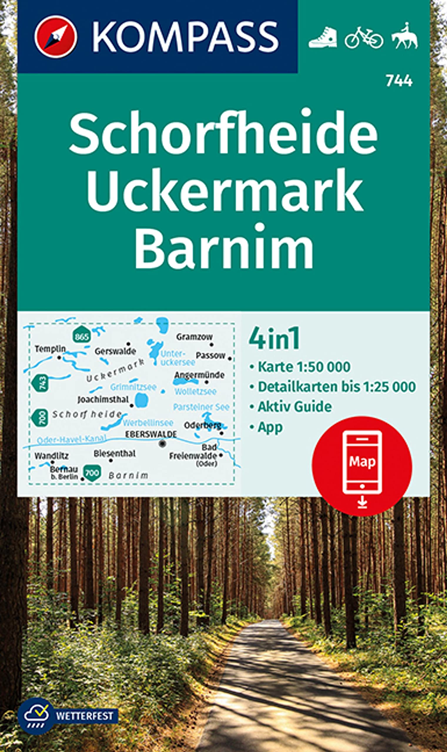 Schorfheide / Uckermark / Barnim (744): 4in1 Wanderkarte mit Aktiv Guide und Detailkarten inklusive Karte zur offline Verwendung in der KOMPASS-App. Fahrradfahren. Reiten.