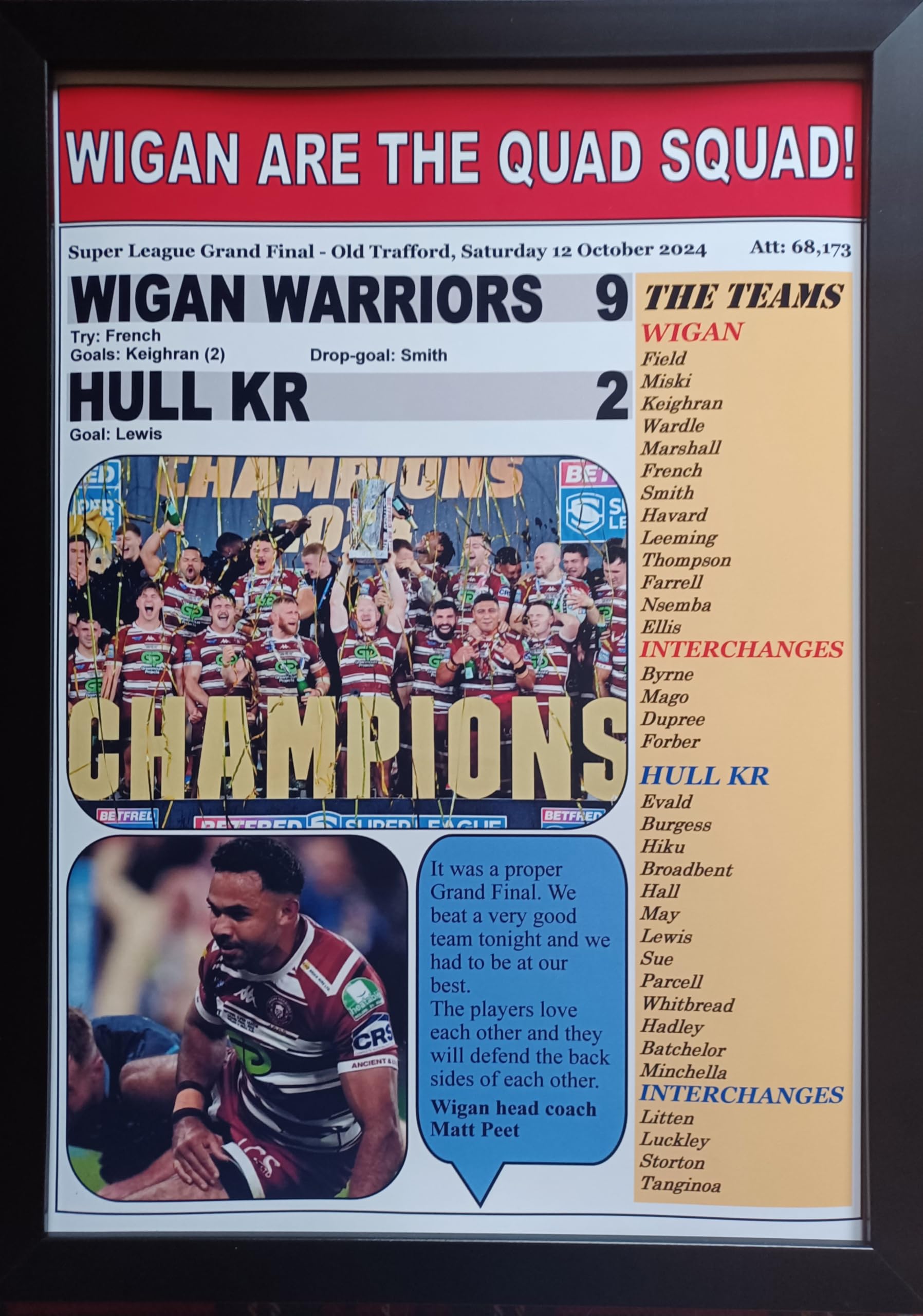 Assorted Multicoloured Wigan Warriors 9 Hull Kr 2-2024 Super League Grand Final - Framed Print
