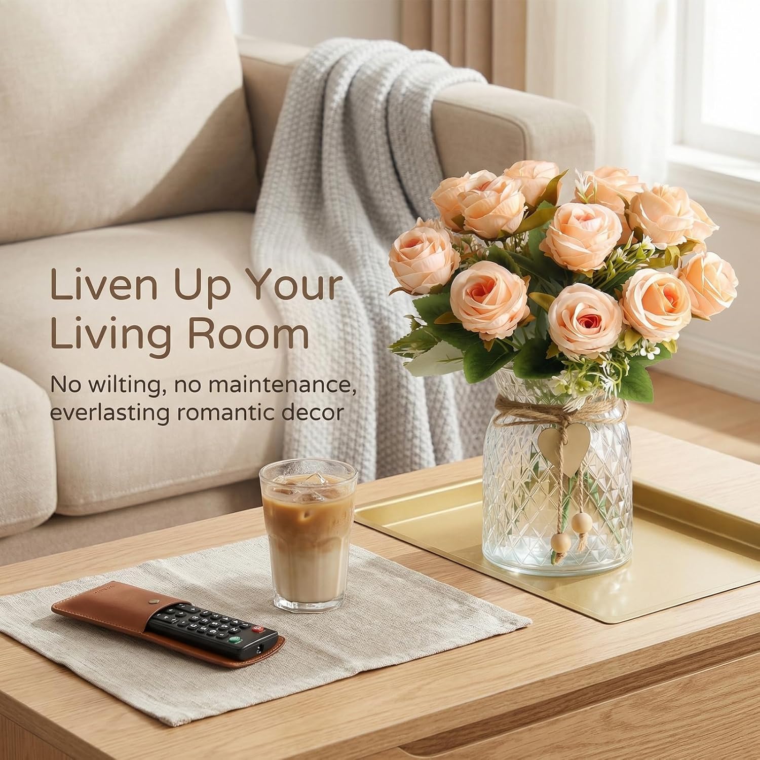 Faux Flowers in Vase, 18Pcs Fake Rose Flowers with Vase, Artificial Flowers Home Decor, Indoor Centerpiece for Living Room & Dining Table, Champagne