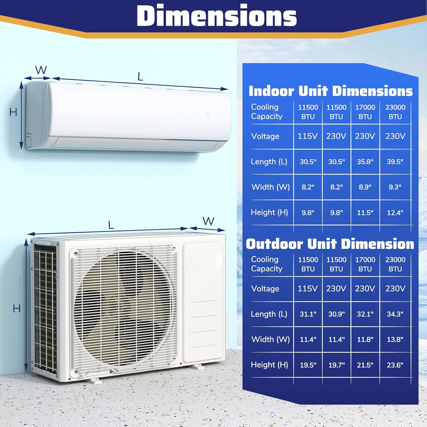 Diagram showing the dimensions of the indoor and outdoor units of the DORTALA mini split AC system.