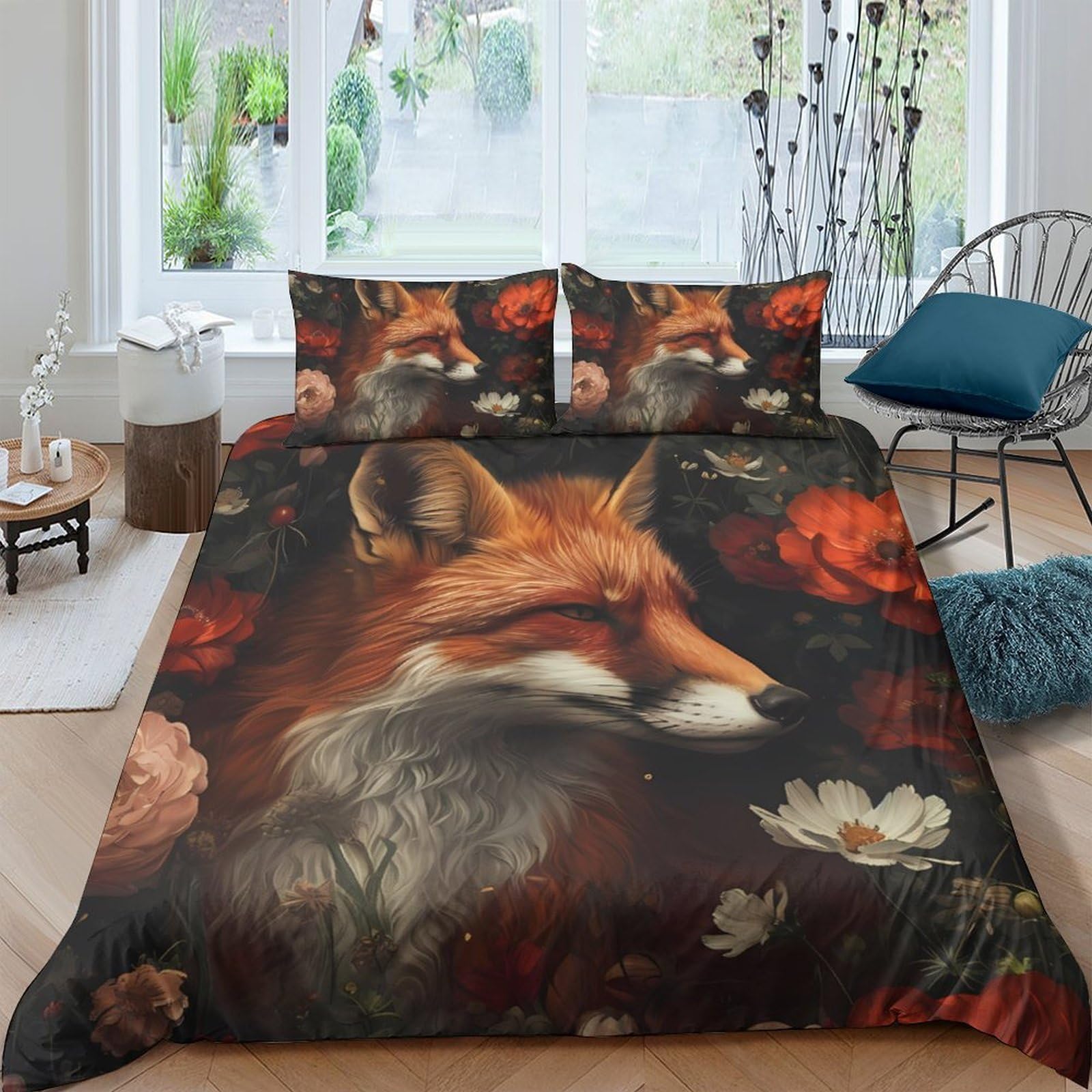 GPLZQXKJNH 3D Printed Fox Forest Duvet Cover Microfiber Soft Breathable Floral Bedding Set with 2 Pillowcases for Bedroom Decor Single（135x200cm）