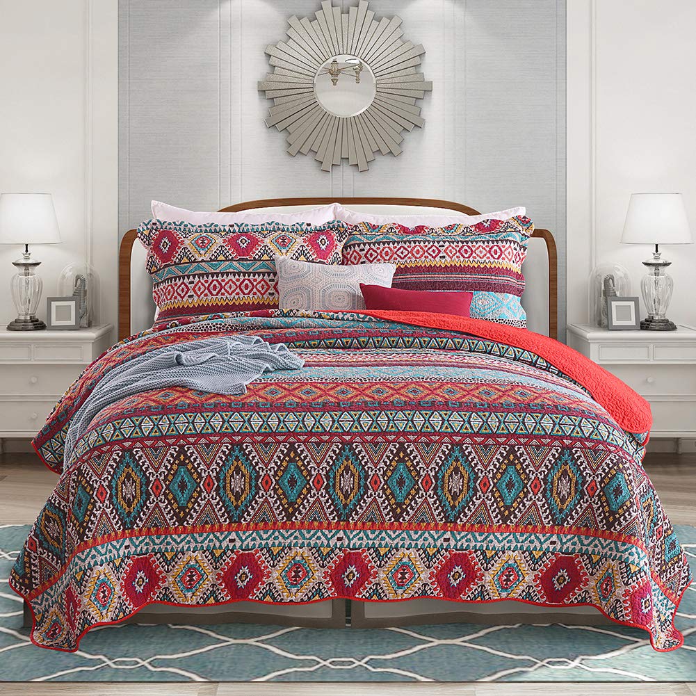NEWLAKE Cotton Bedspread Quilt Sets-Reversible Patchwork Coverlet Set, Classic Bohemian Pattern,Queen Size
