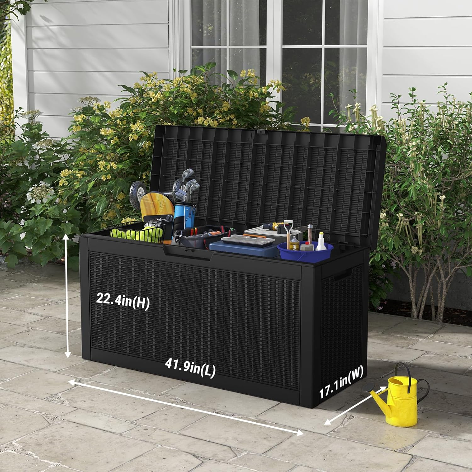 Mars Villa 60 Gallon Deck Box with Seat, Resin Outdoor Storage Box Waterproof, Lockable Lid, Weatherproof and UV Resistant, for Patio Furniture Cushions, Pool Supplies, Garden Tools, Black