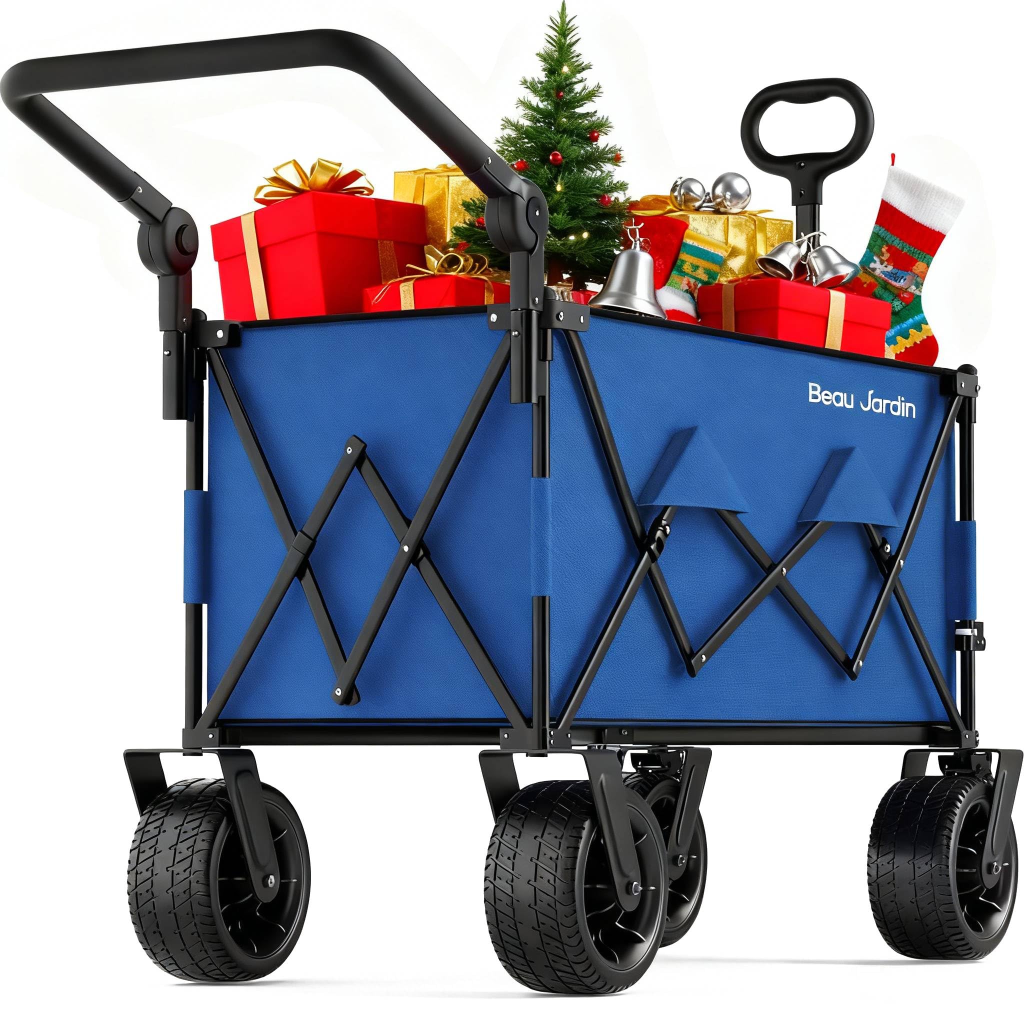 BEAU JARDIN XXL Festival Trolley on Wheels 300L, Adjustable Pull/Push Handle, Folding Wagon, Portable Camping Cart, Collapsible Foldable Trolly for Outdoor Skiing Beach Fishing, Wide Wheels, Blue