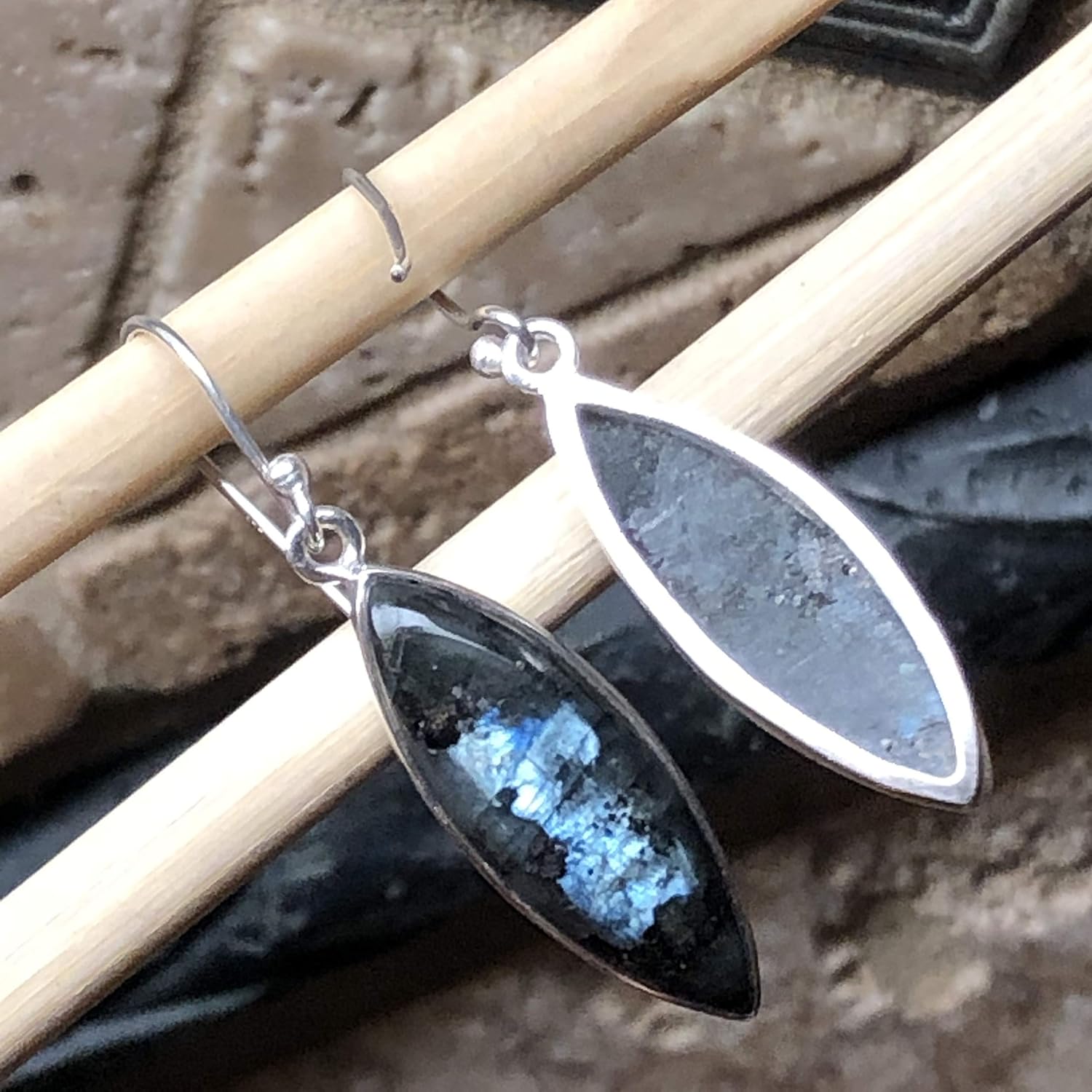 Natural Larvikite Black Moonstone 925 Solid Sterling Silver Earrings 40mm - Image 2