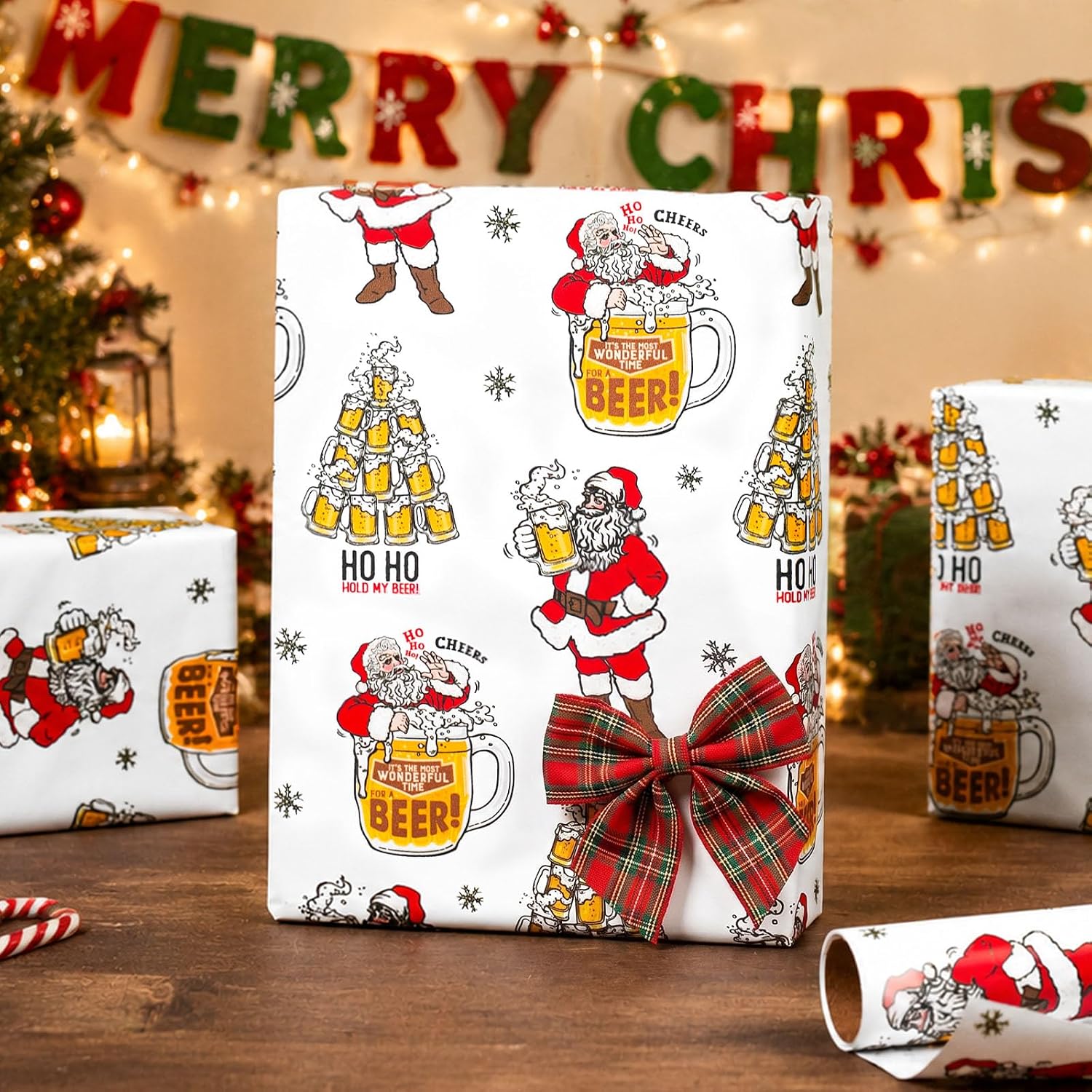 Burymento Funny Christmas Wrapping Paper, Santa Beer Christmas Gift Wrap image 2