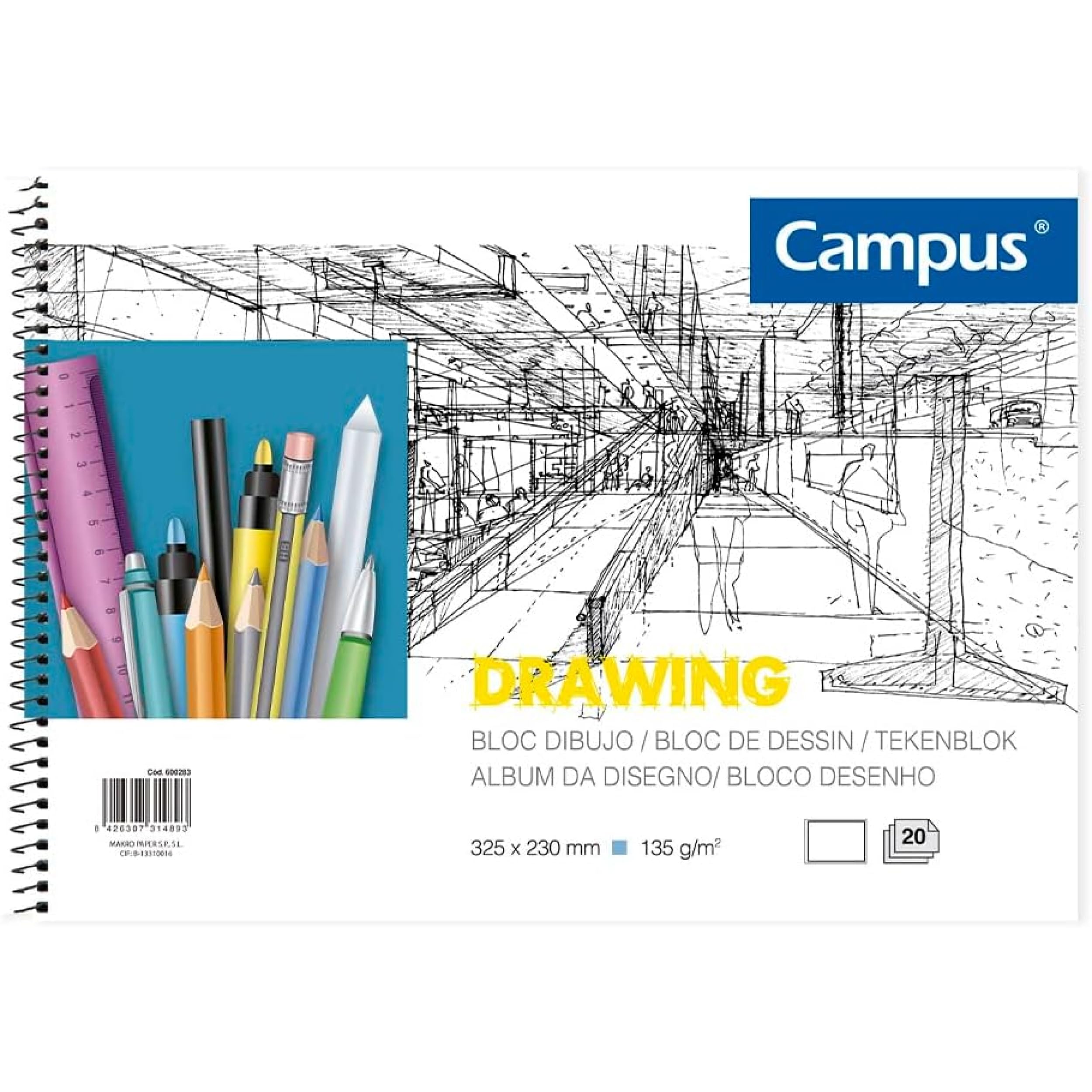 Campus - Bloc de Dibujo A4 Cuaderno de Bocetos con Espiral 20 Hojas 130 gramos en Blanco para Carboncillo, Lápiz, Ceras o Pastel