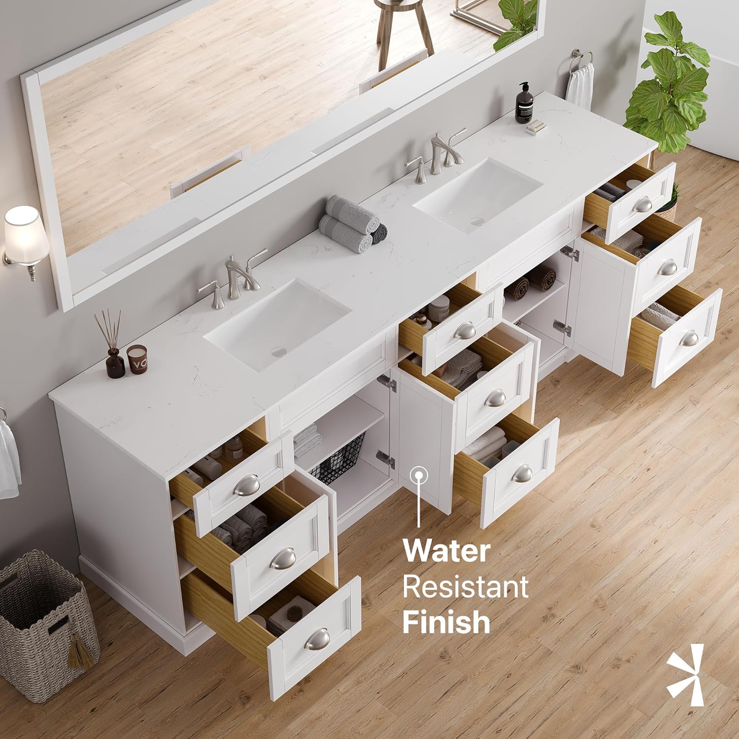 Eviva Epic 100 in. White Double Sink Bath Vanity with Carrara Quartz Top and Undermount Porcelain Sinks