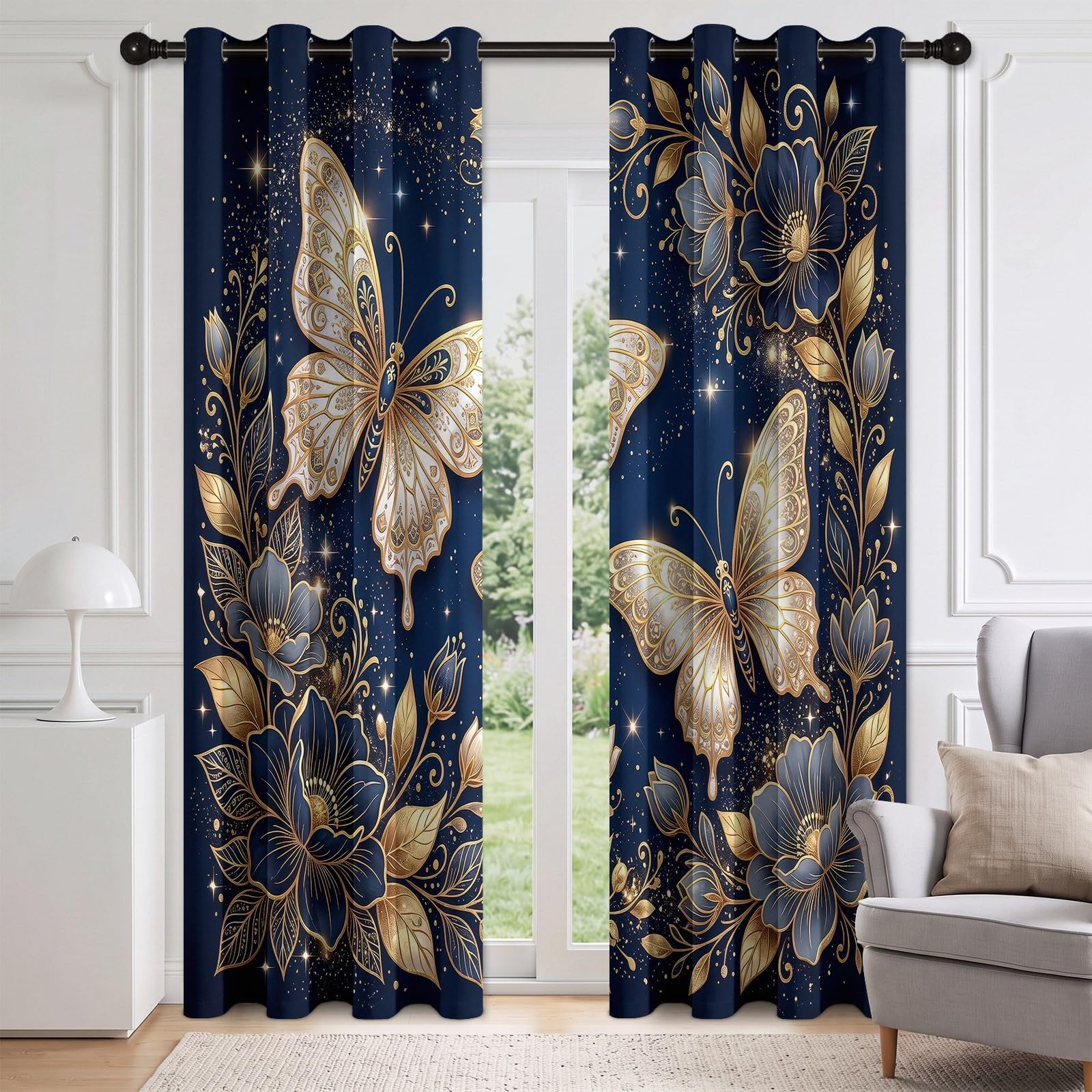 Luksusowe eleganckie zasłony zaciemniające do sypialni, 2 panele szer. 140 x dł. 250 cm, białe złoto, motyl, królewski błękit, zasłony zaciemniające do salonu, zasłony na przelotkach, izolacja