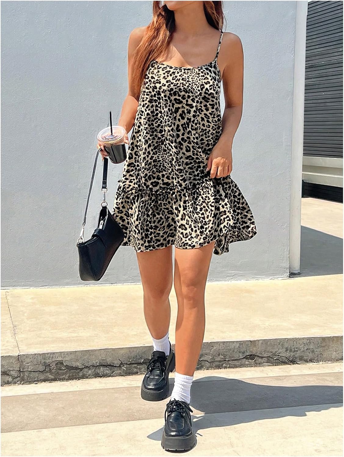 Women's Sleeveless Leopard Print Short Cami Dress Spaghetti Strap Layered Ruffle Dresses - Image 5