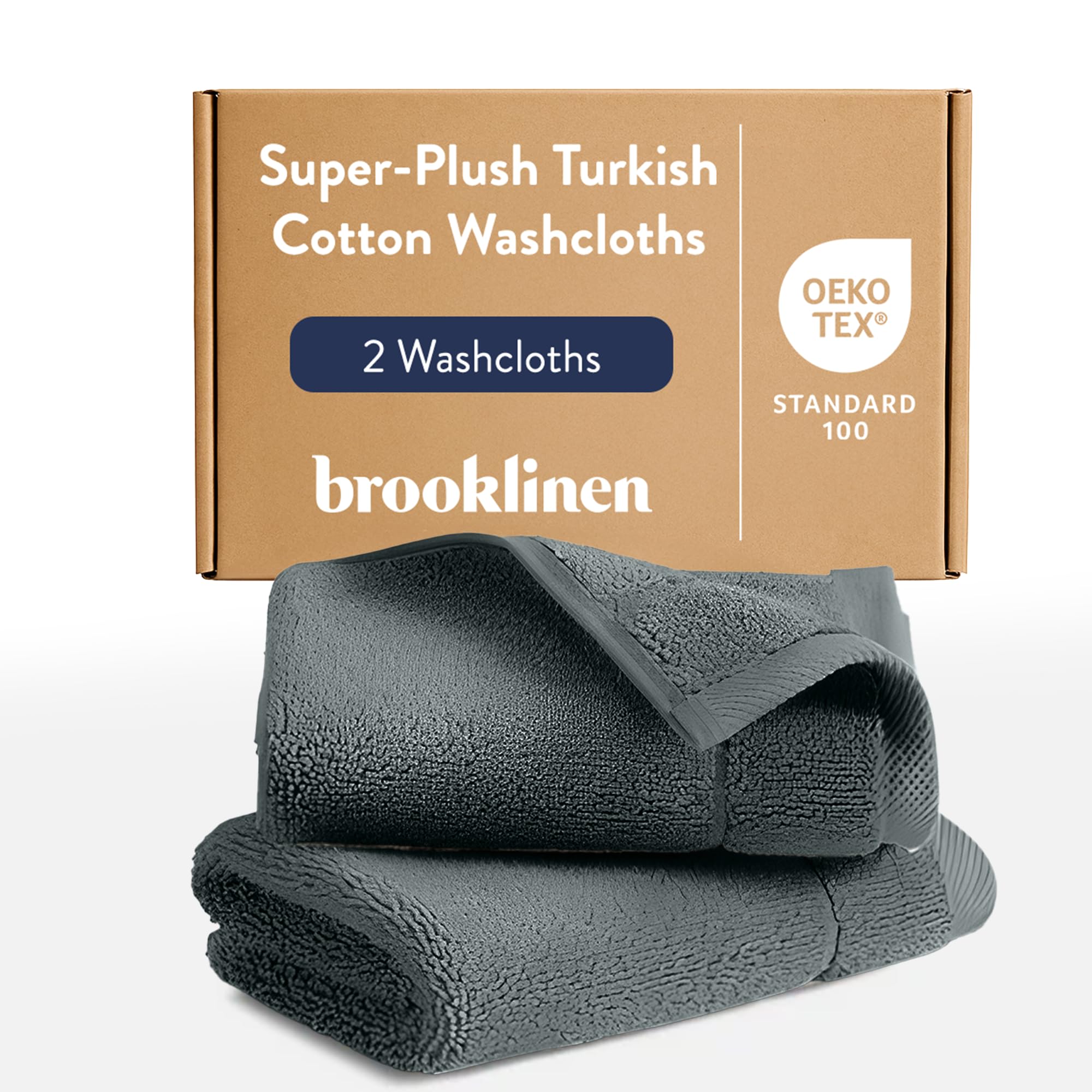Brooklinen Super-Plush Turkish Cotton Washcloths - Set of 2 - Cotton, 820 GSM, Highly Absorbent, Machine Washable, Perfect for Home & Bathroom (13" x 13", Slate Grey)